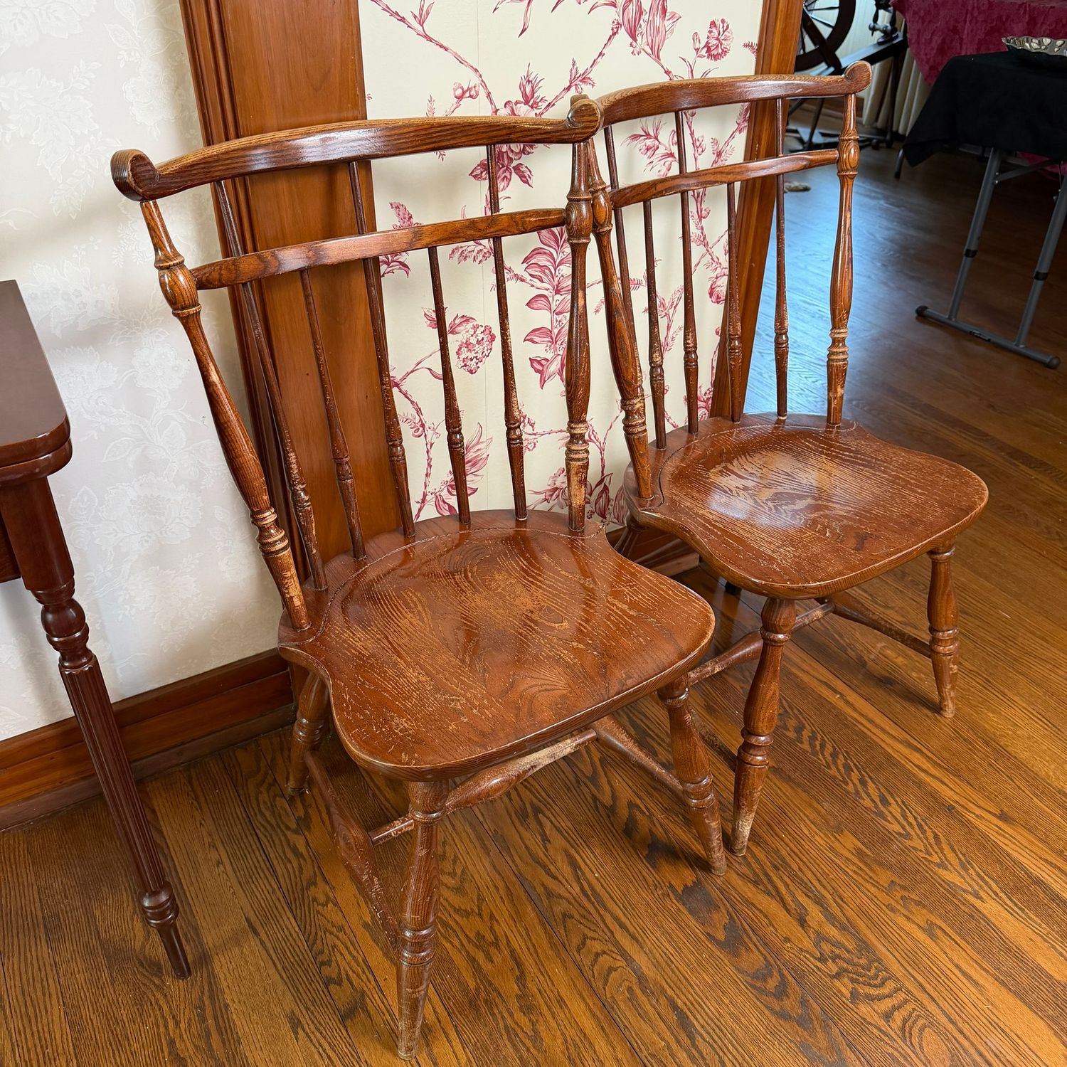 Pair of spindle side chairs, some scratches and wear, (Foyer) 34"H x 18"W