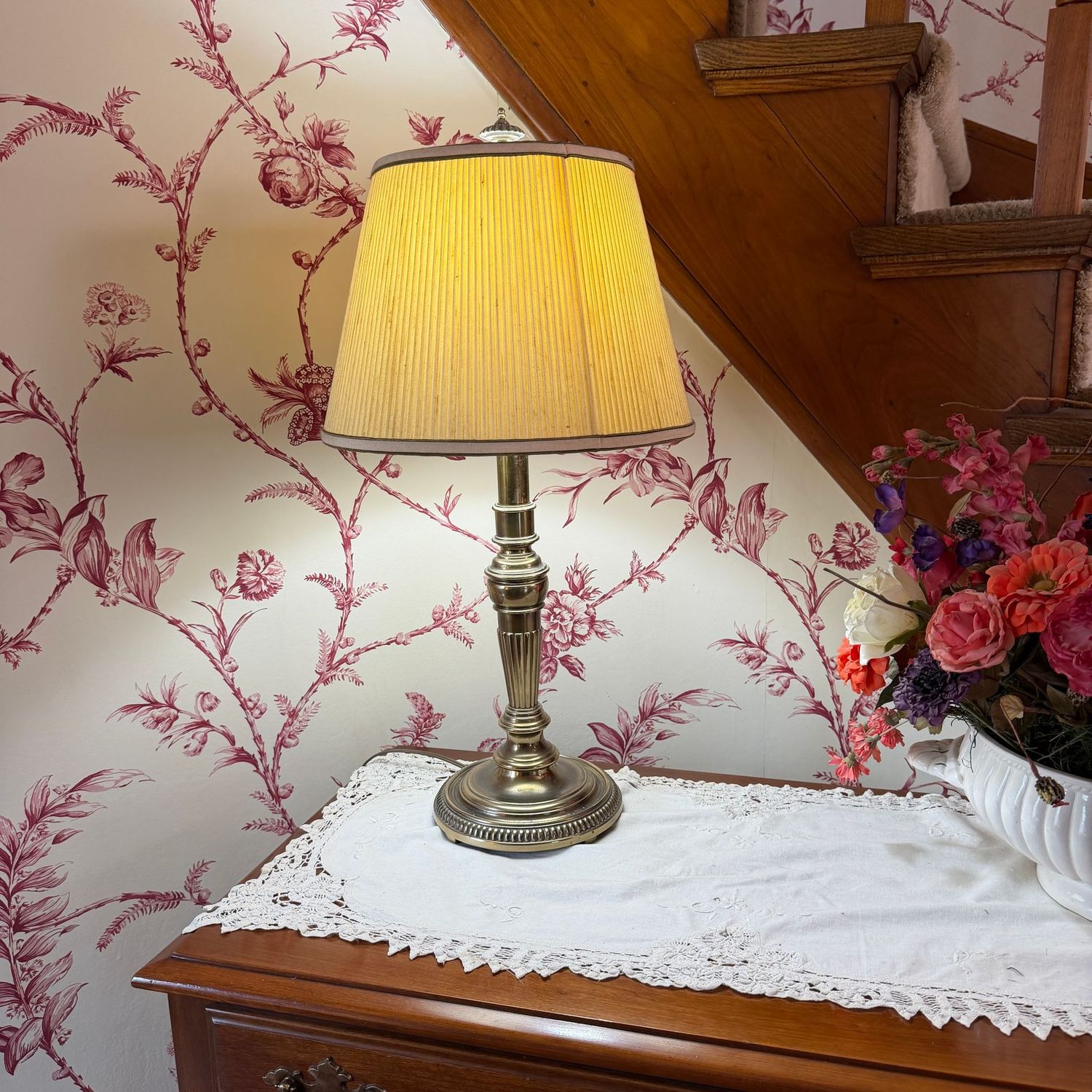 Brass table lamp, nice condition, some wear to surface, shade shows some wear, 23"H