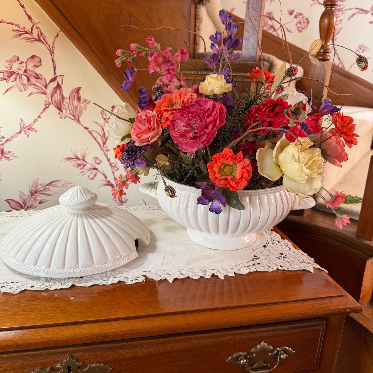 Large Italian stoneware, ceramic tureen with colorful floral arrangement, 15"H x 16"W