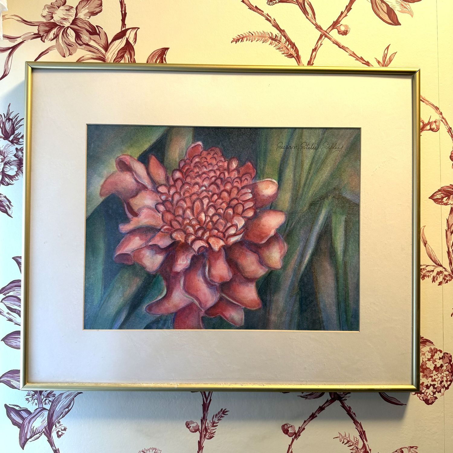 Torch ginger original watercolor by Susan Sibley of Charleston, gold frame, 17" x 21"