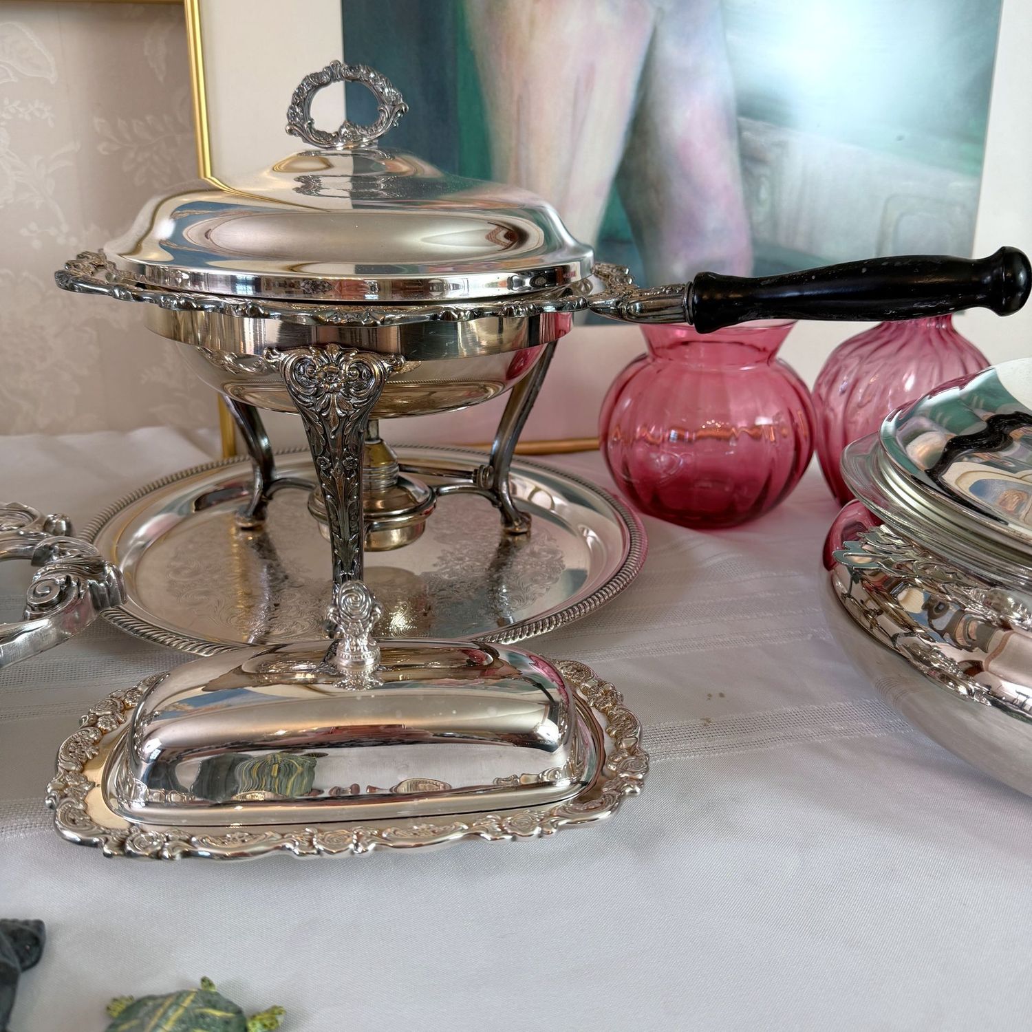 Chaffing dish with insert 9"W, tray, and coordinating butter dish, silver-plated