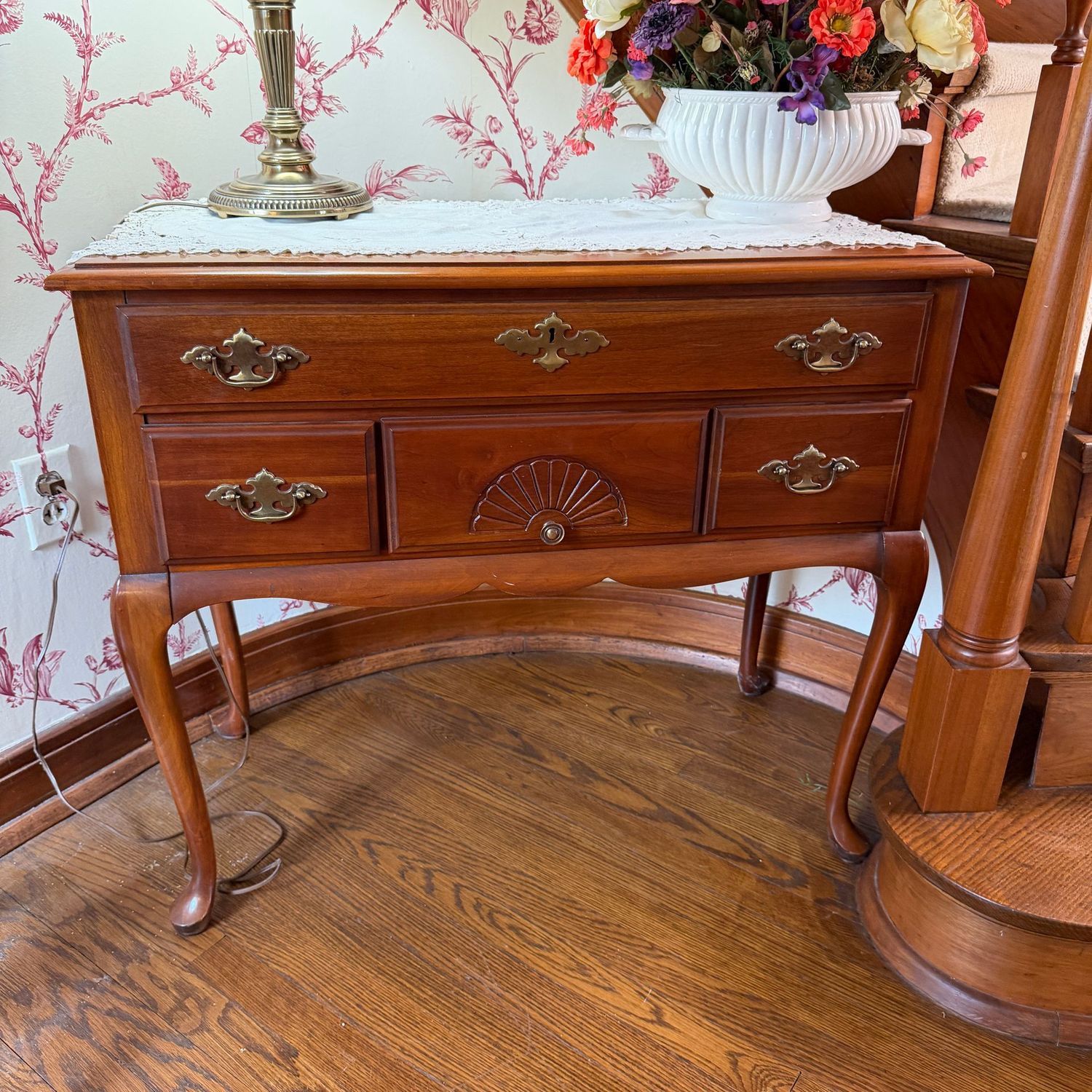 Queen Anne low-boy chest table with batwing brasses, a few minor scratches, 29"H x 33"L x 16"D
