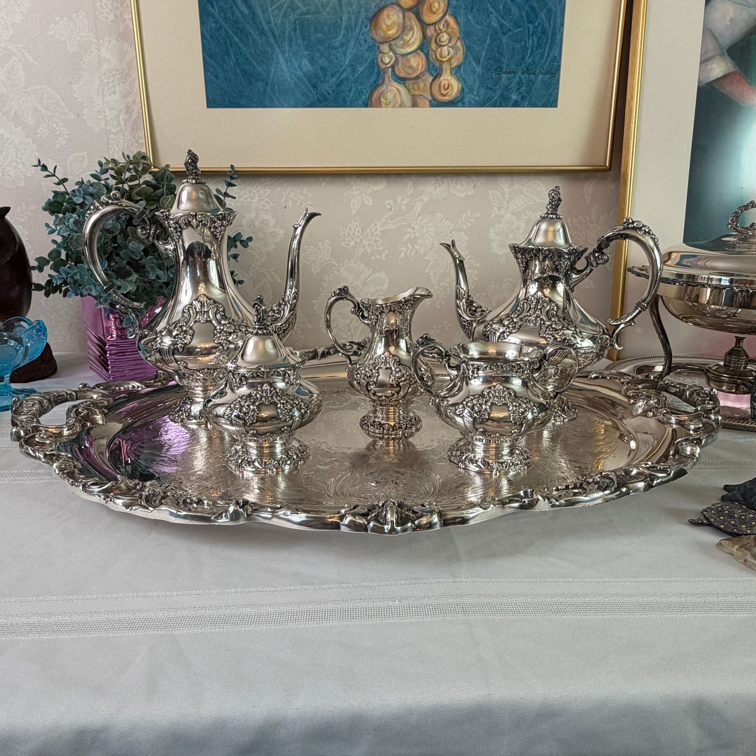 Reed & Barton King James pattern silver-plated coffee and tea service with tray, minimal scratches, overall very nice condition, tray is 30" x 21"