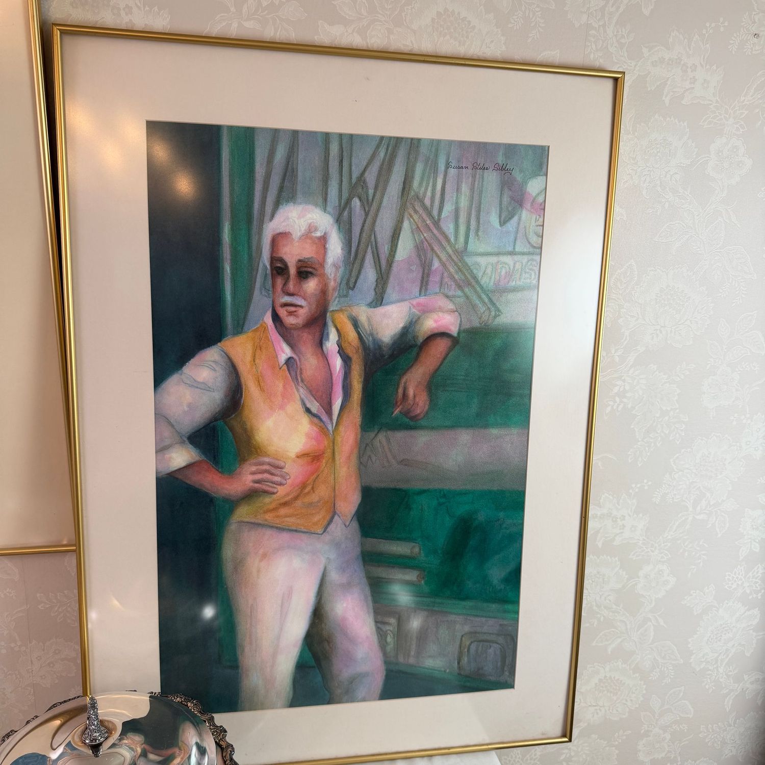 Large portrait, standing man, original watercolor by Susan Sibley of Charleston, gold frame, 36" x 26"