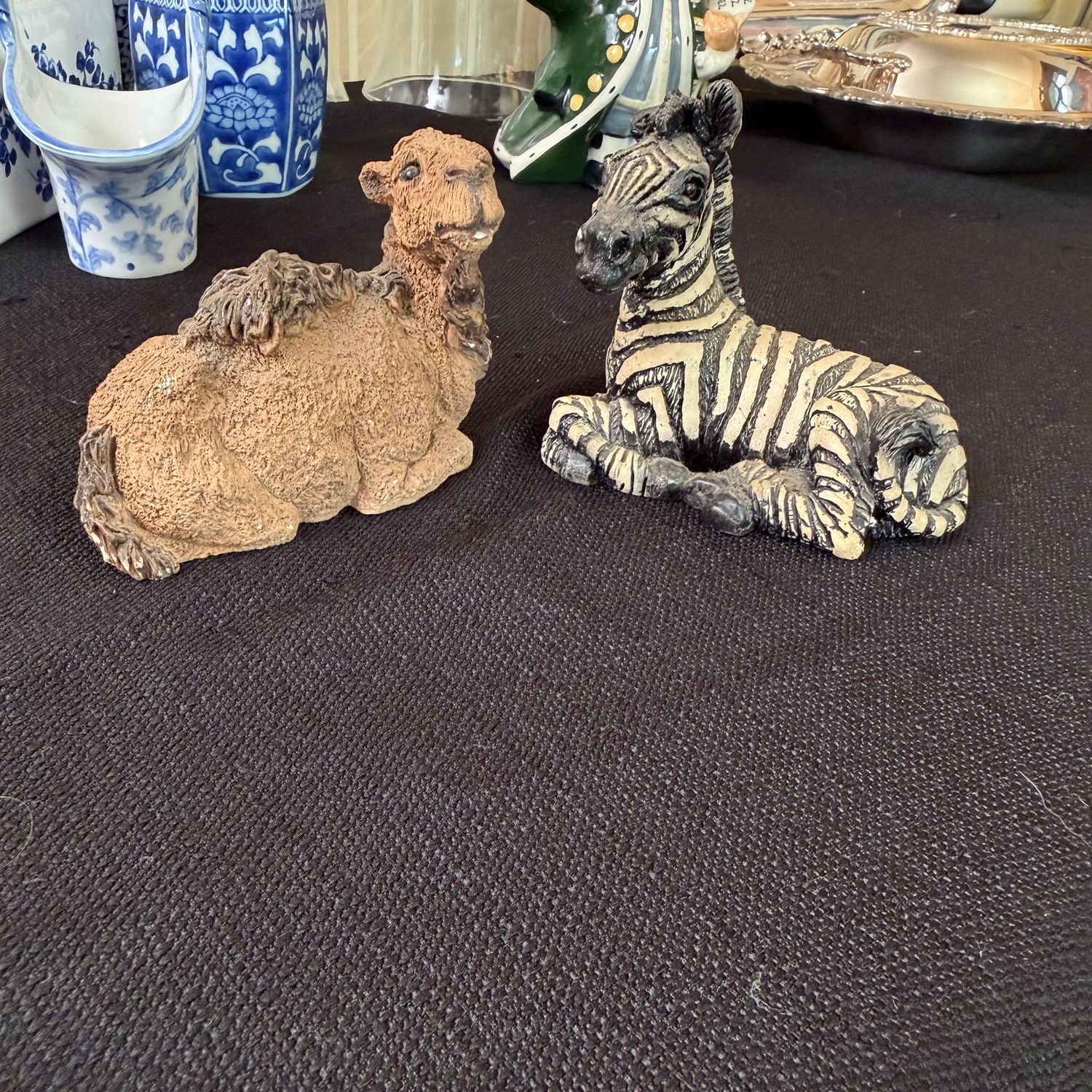 Stone Critters camel and zebra figurines, some wear, 3"W