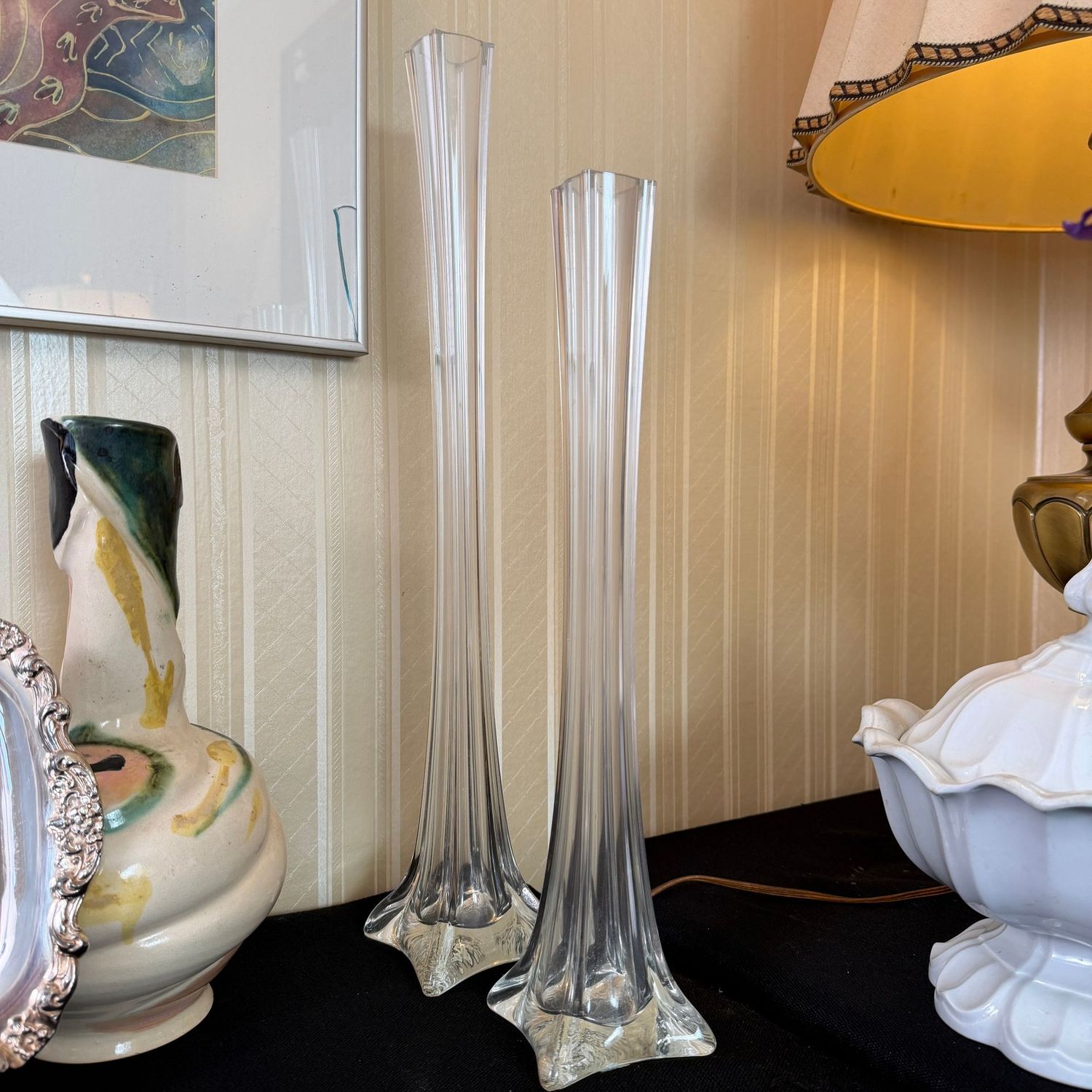 Two tall, slender, long-stem flower vases, the tallest is 20"H