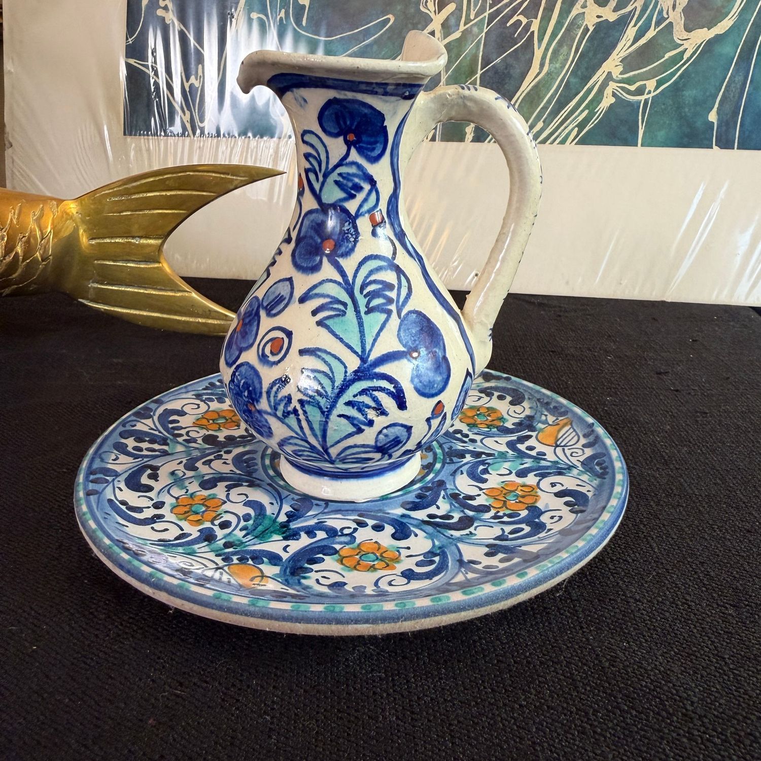 Italian ceramic petite pitcher 4"H, and Caltagirone dish