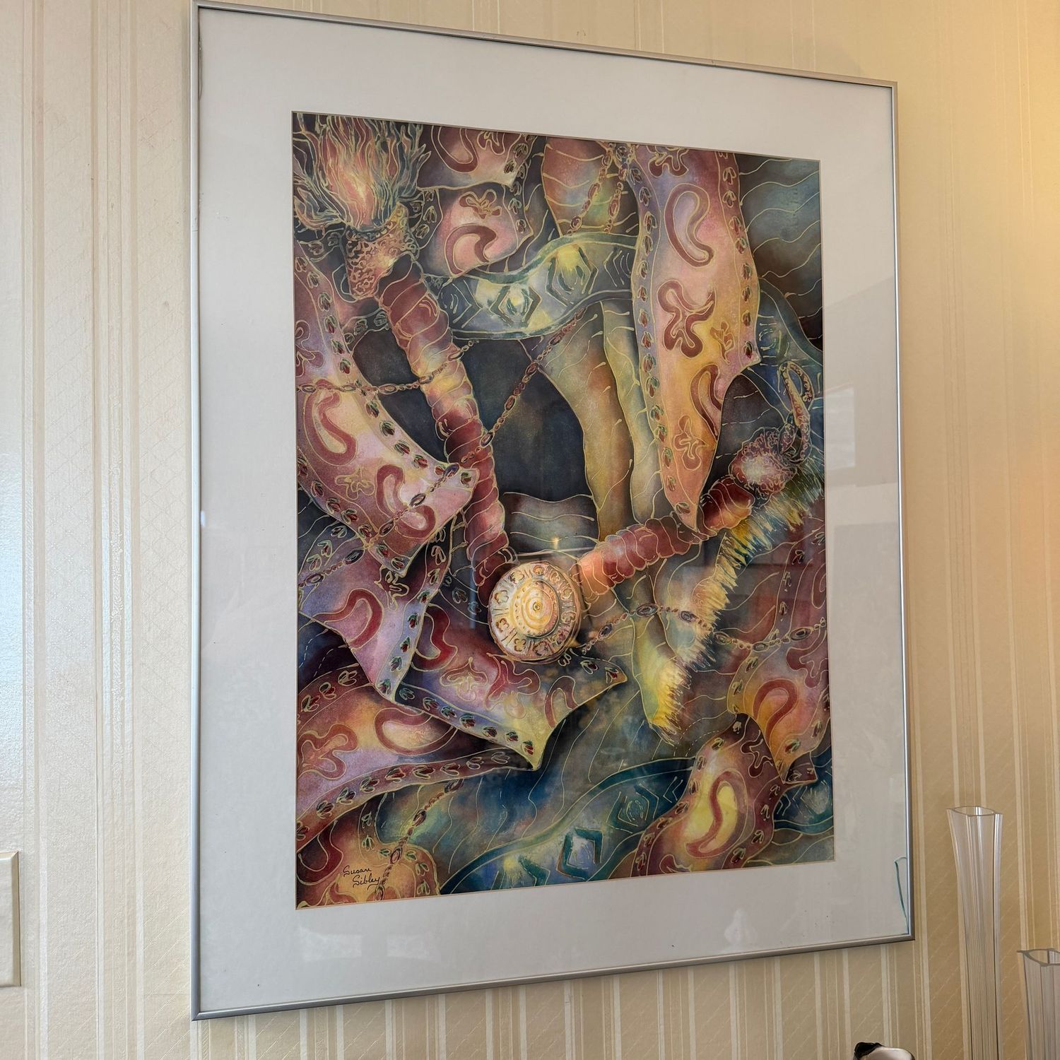 Persian scarves and jewelry, original watercolor by Susan Sibley of Charleston, silver frame, two corners of the glass have small cracks, 36" x 29"