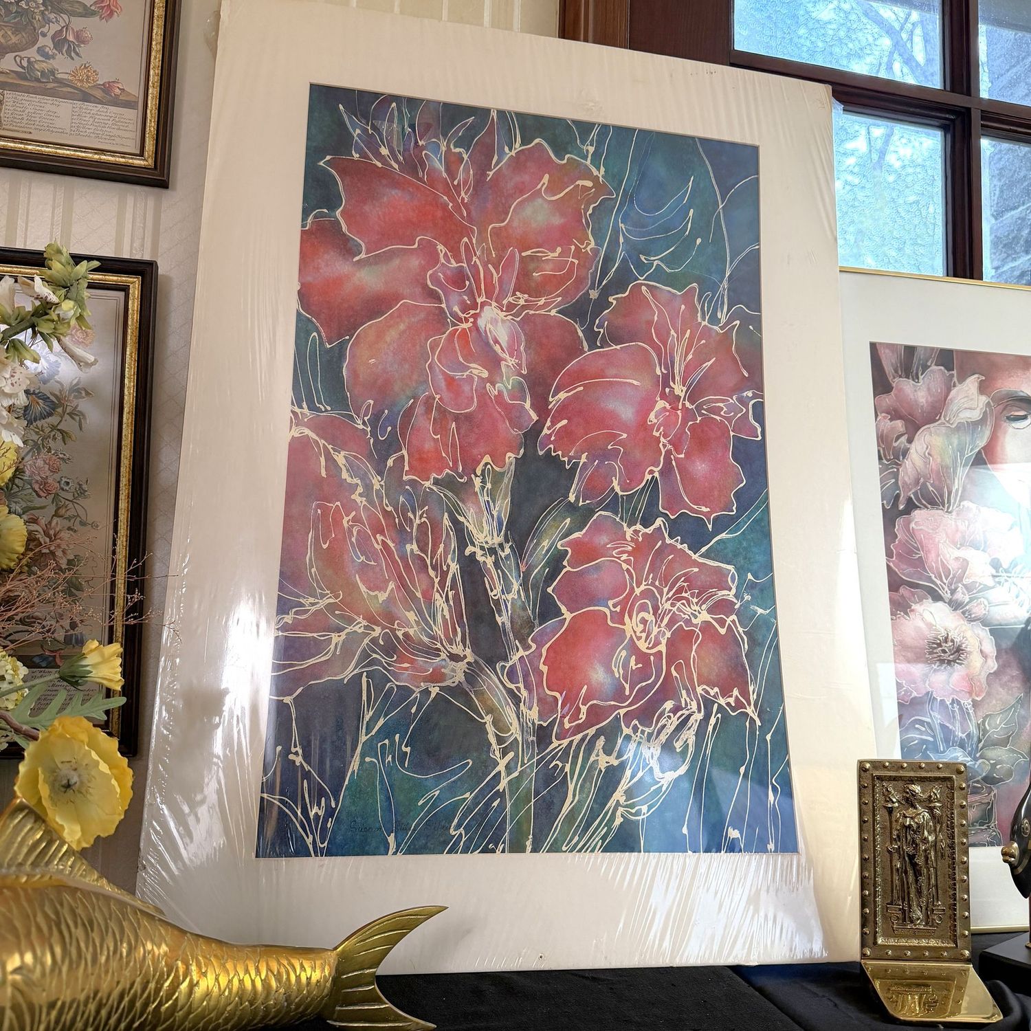 Large amaryllis floral original watercolor by Susan Sibley of Charleston, matted, 33" x 27"