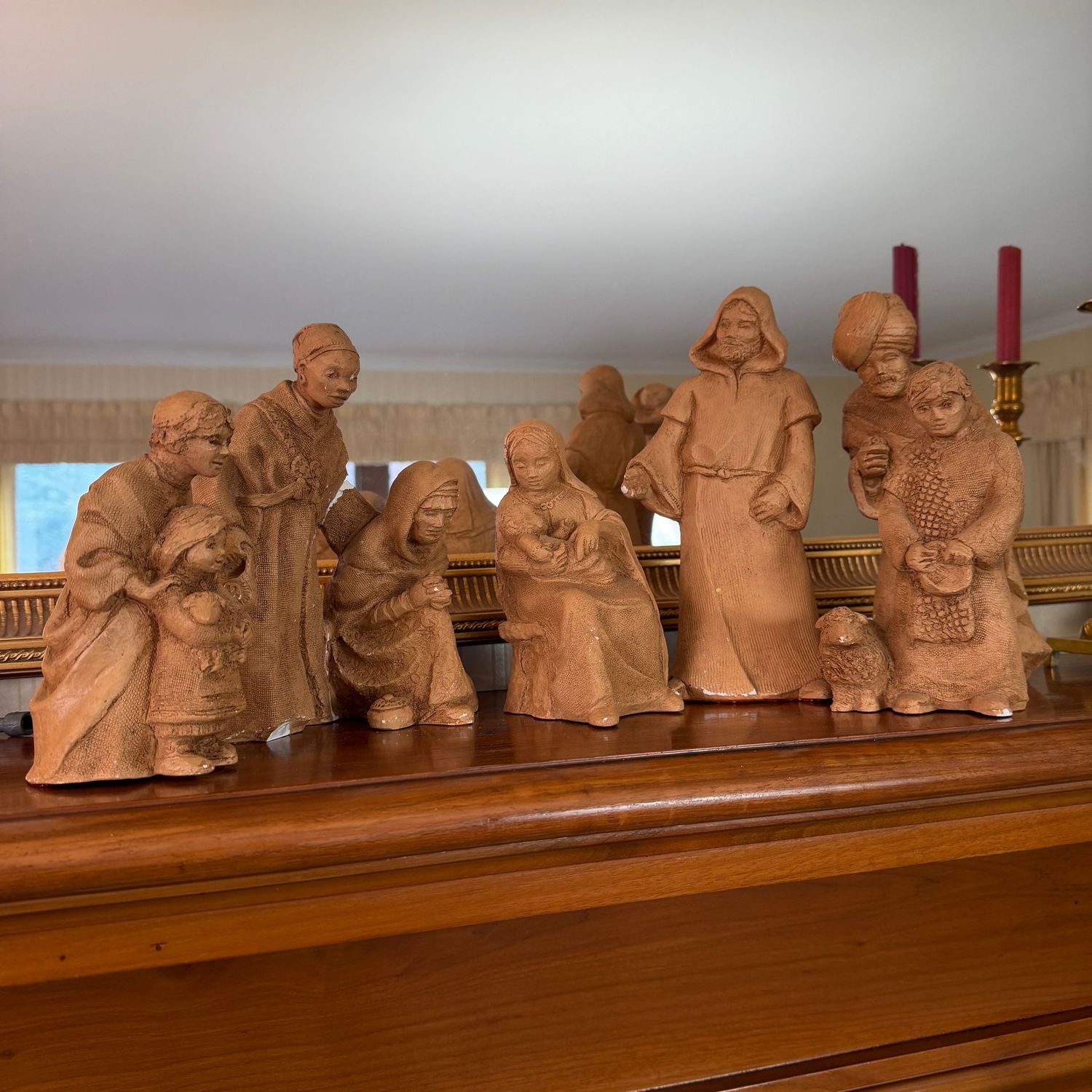 Vintage 1970s Abbey Press terracotta nativity set, a few repairs and chips, the tallest piece is 9 Vintage 1970s Abbey Press terracotta nativity set, a few repairs and chips, the tallest piece is 9"H