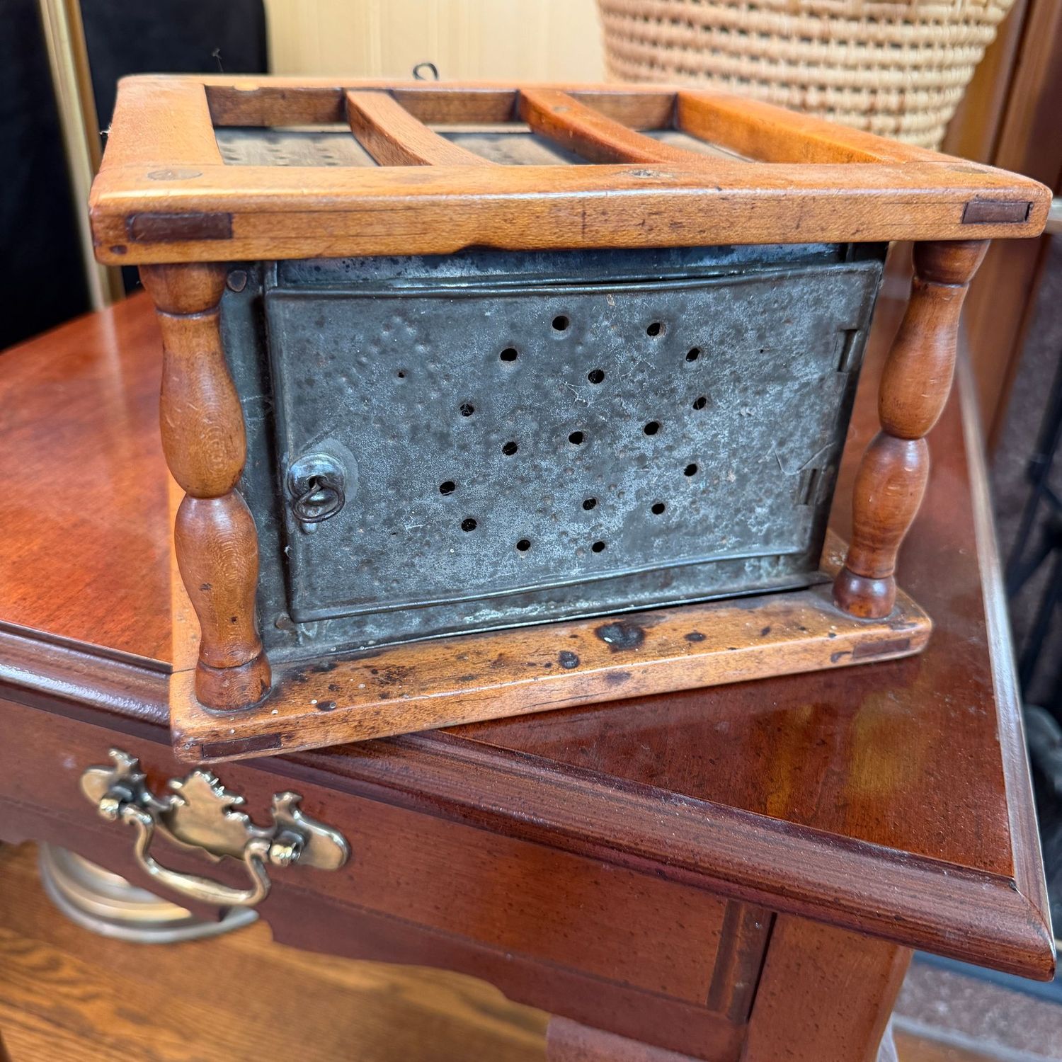 Antique foot warmer, punched tin coal box, 6"H x 8"W