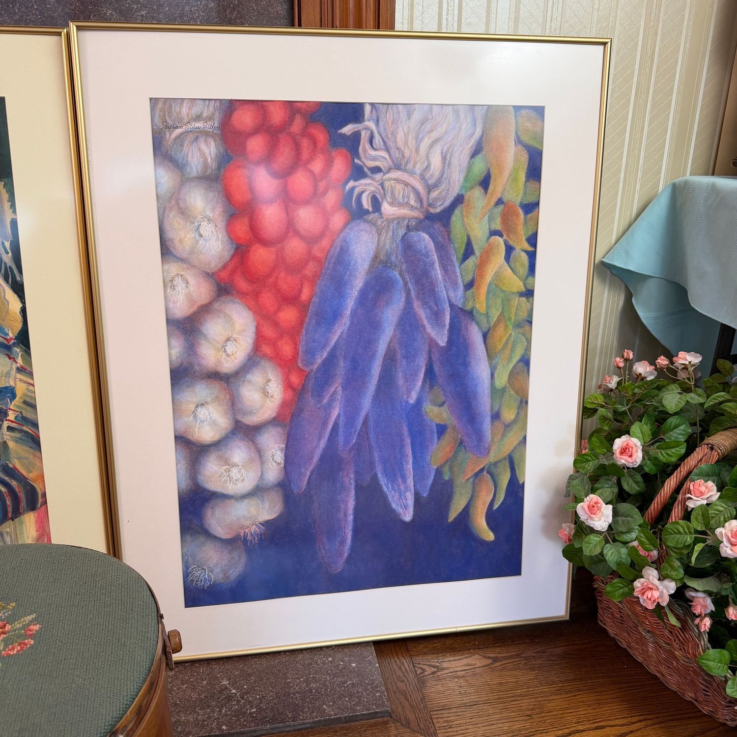 Large dried vegetables, original watercolor by Susan Sibley of Charleston, gold frame, 36" x 26"