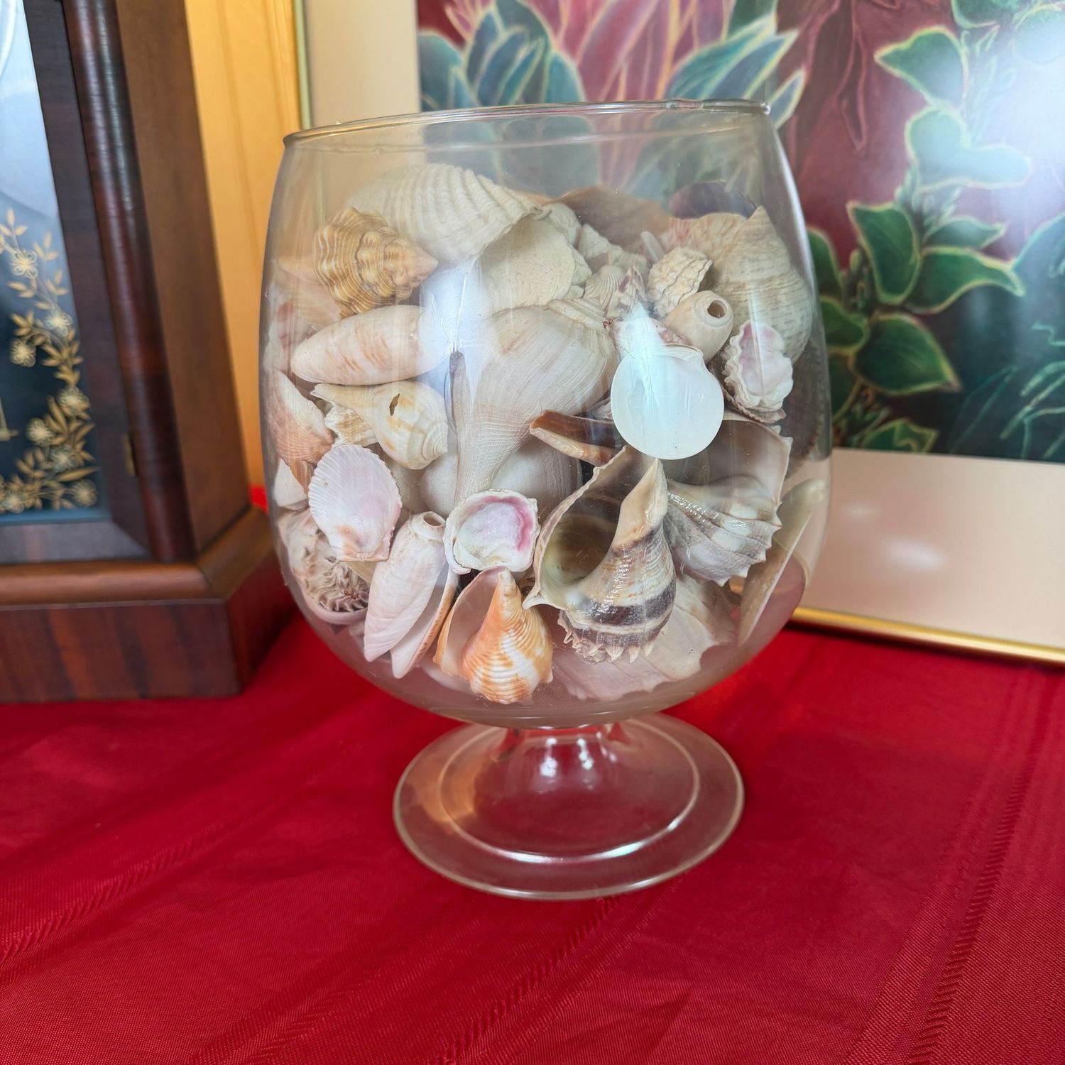 Large clear brandy glass filled with seashells, 9"H