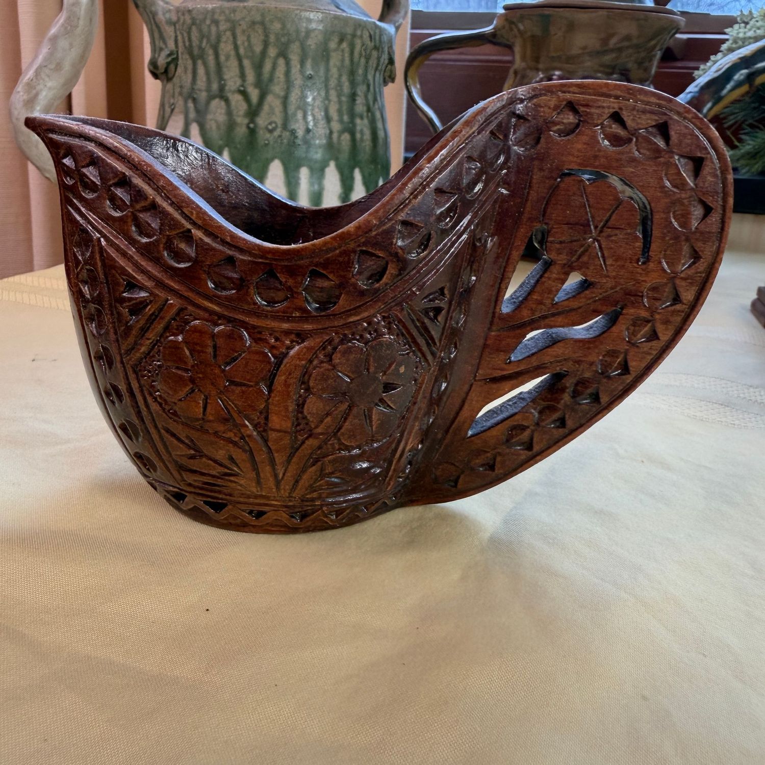 Scandinavian wedding cup, Kuska, carved wood, 4"H