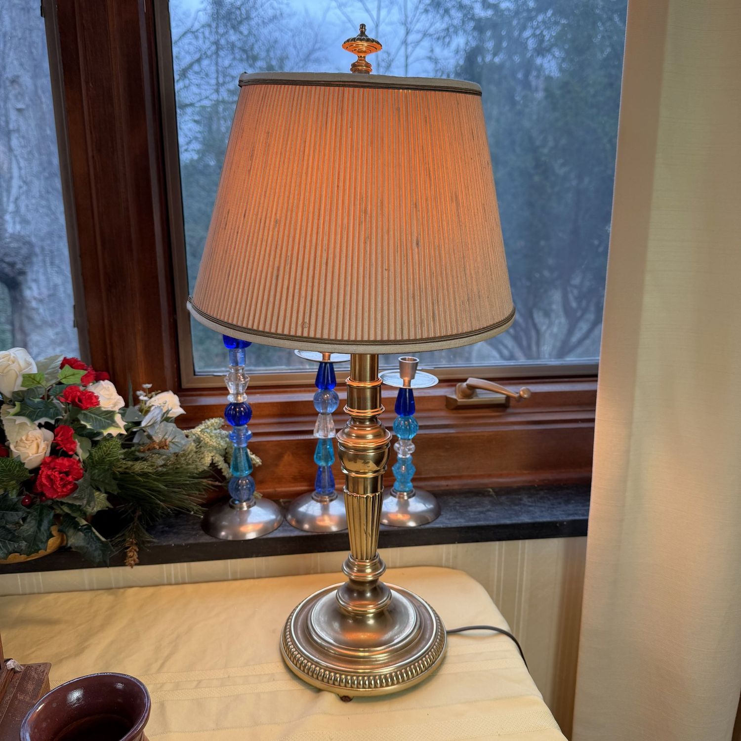 Brass table, desk lamp with pleated shade (slightly off-center), 22"H x 12"W