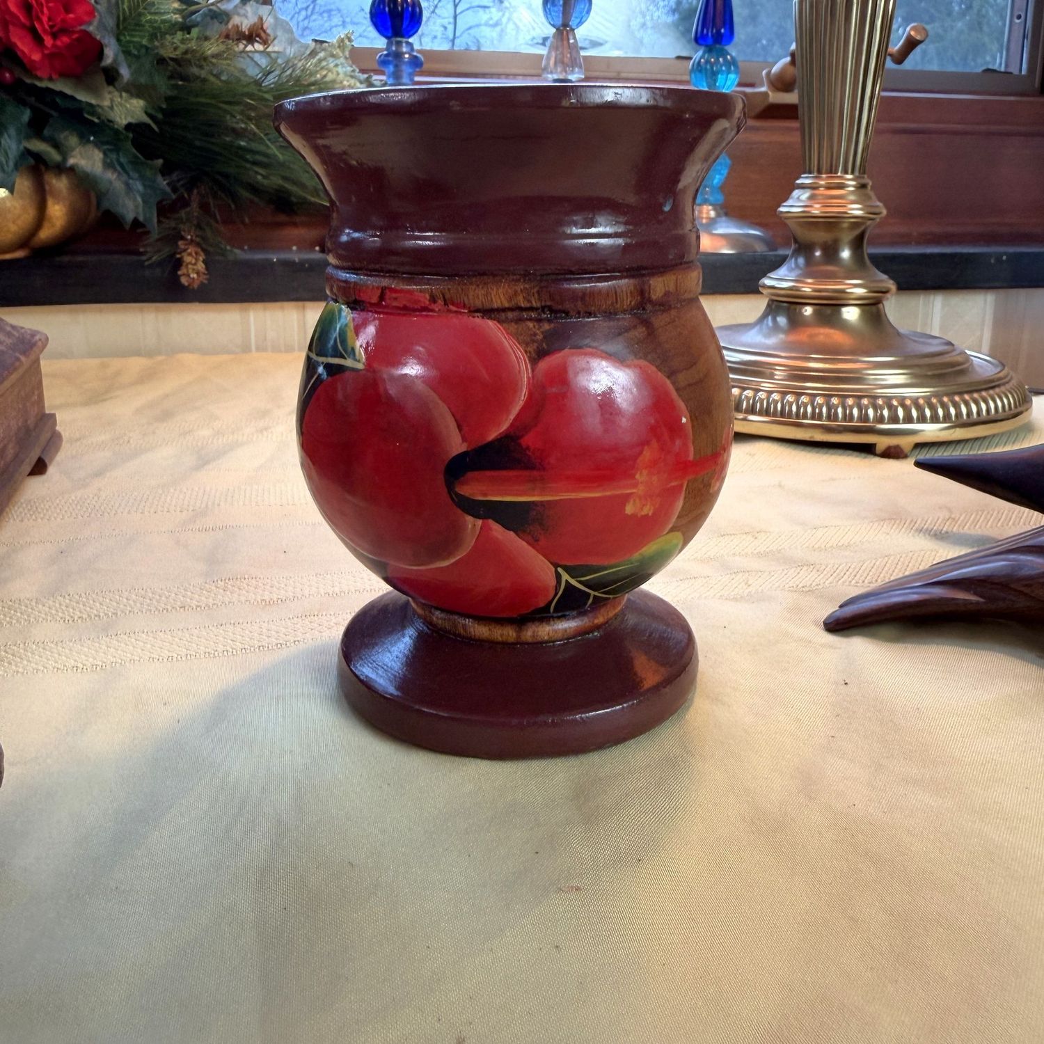 Hand-painted small wood vase, 4"H