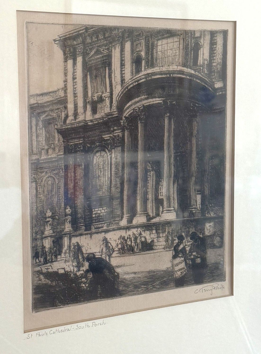 Etching of St. Pauls Cathedral, some wear to frame, 22" x 17"