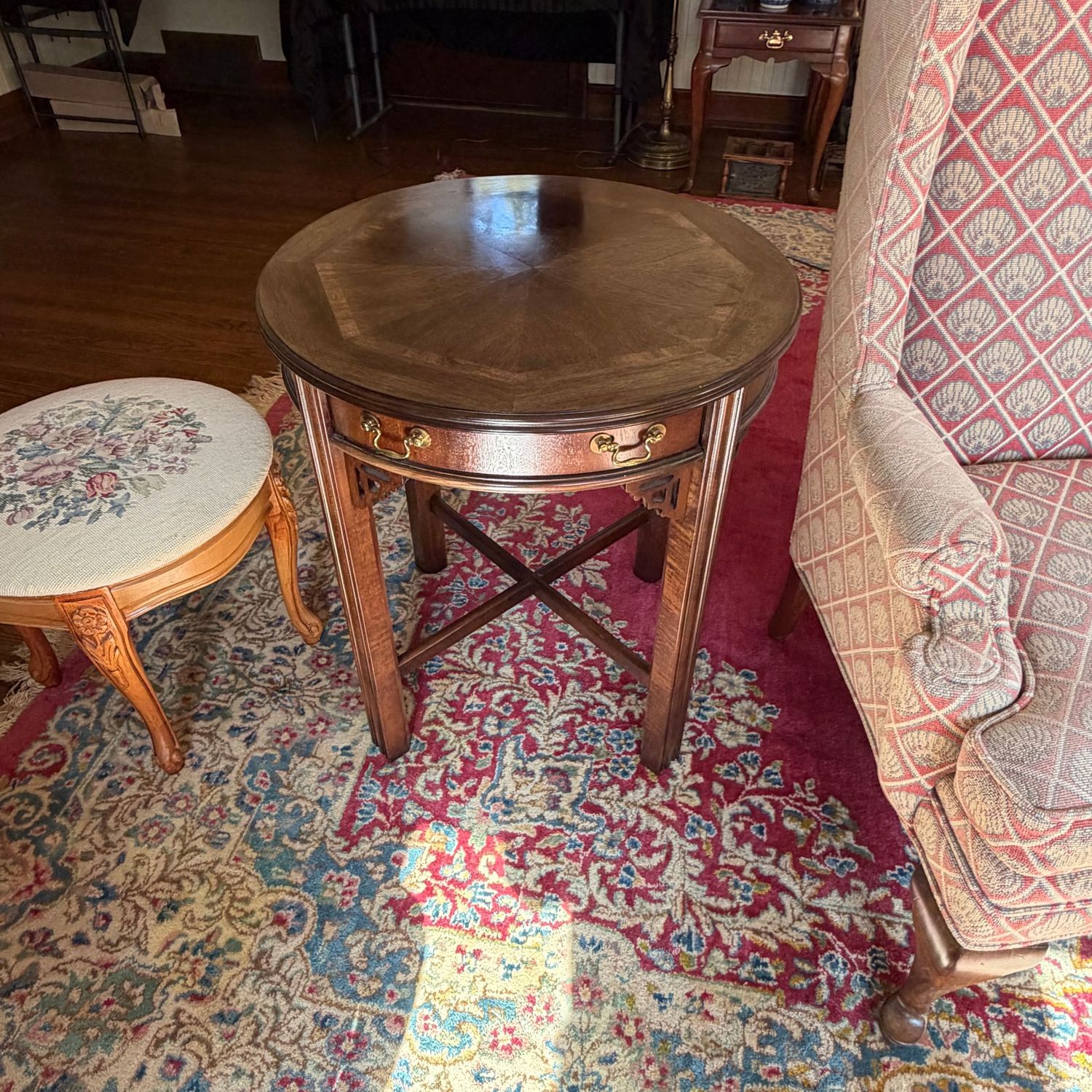 Lane oriental chippendale round table with drawer, lovely condition, top is very sun-faded, 23"W x 26"H