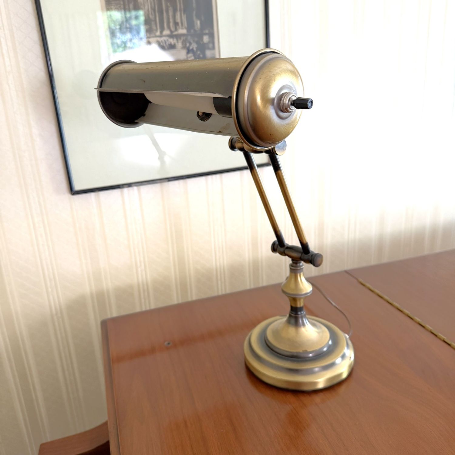 Adjustable piano, desk lamp, some wear to brass finish, cord may need to be replaced 16"H