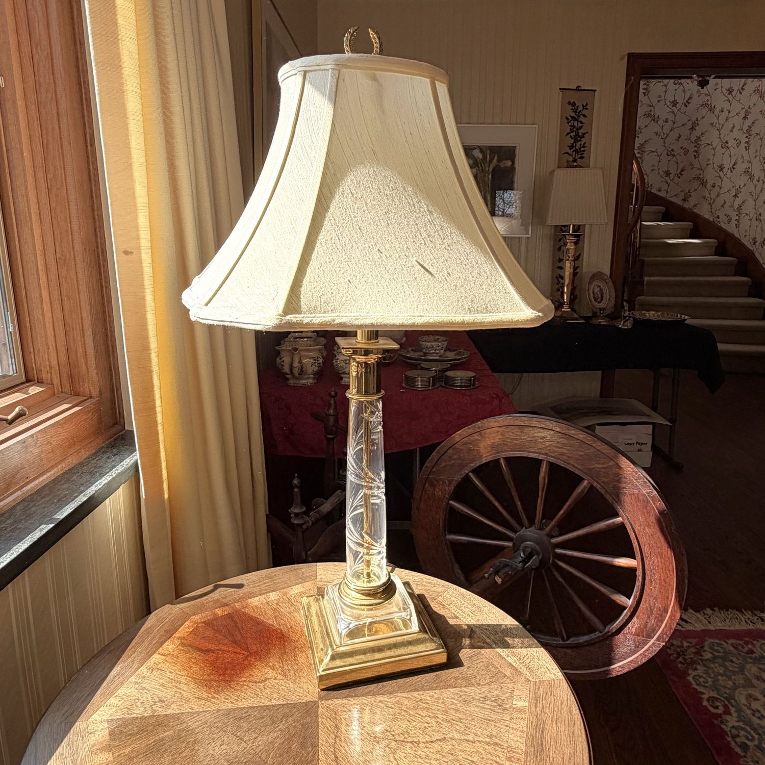 Brass table lamp with crystal body, shade needs replacing, 26 Brass table lamp with crystal body, shade needs replacing, 26"H