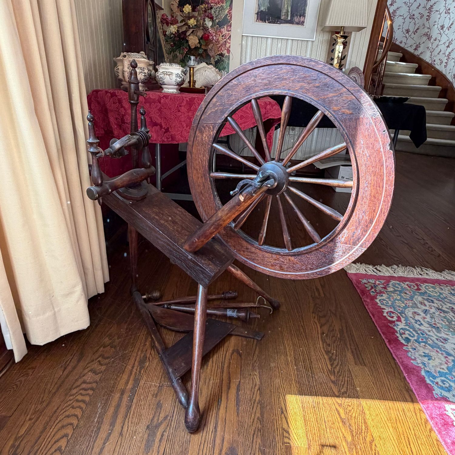 Antique spinning wheel, overall nice condition, wheel missing a spoke, 36 Antique spinning wheel, overall nice condition, wheel missing a spoke, 36"H x 36"L
