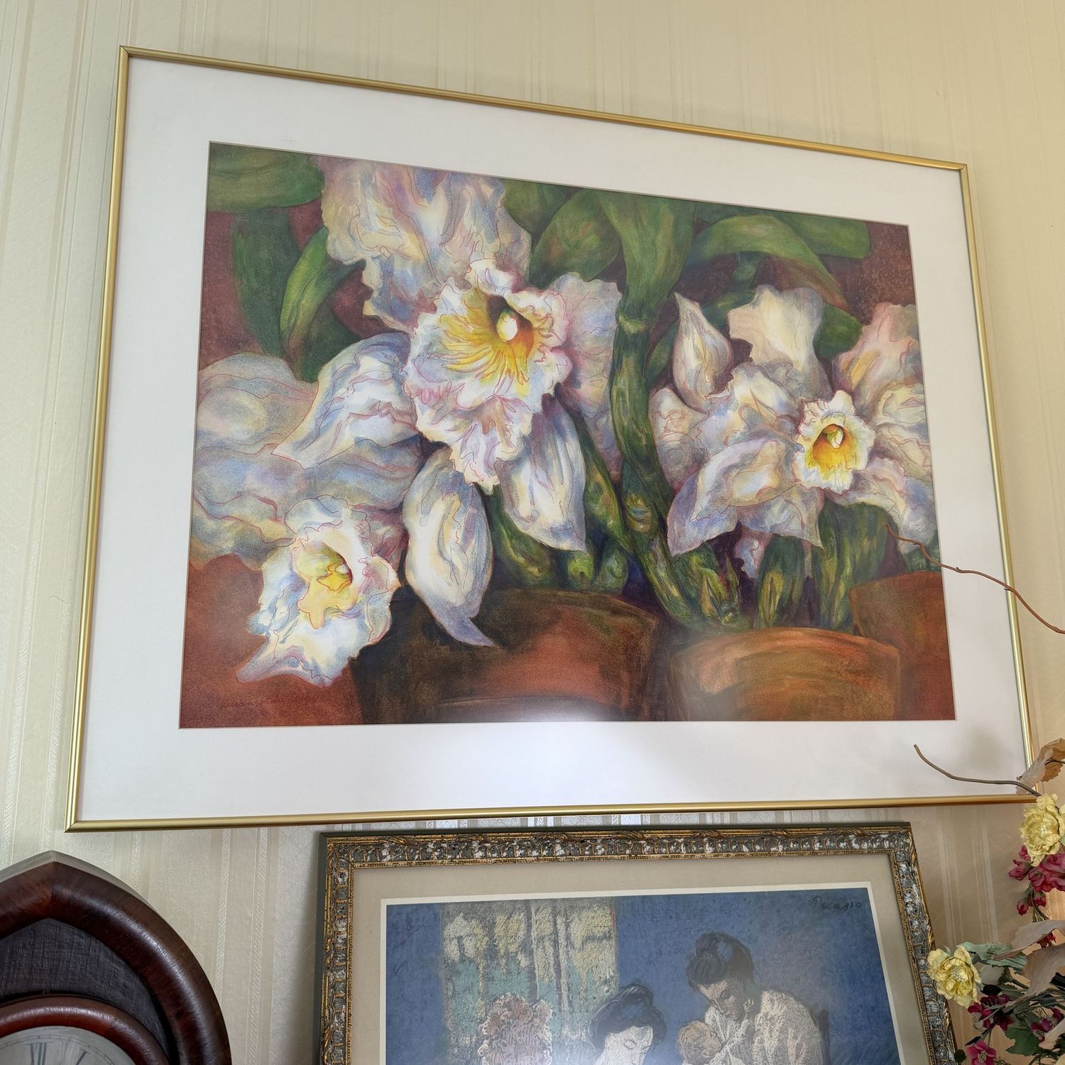 Large potted white orchids, original watercolor by Susan Sibley of Charleston, gold frame, 28 Large potted white orchids, original watercolor by Susan Sibley of Charleston, gold frame, 28" x 36"