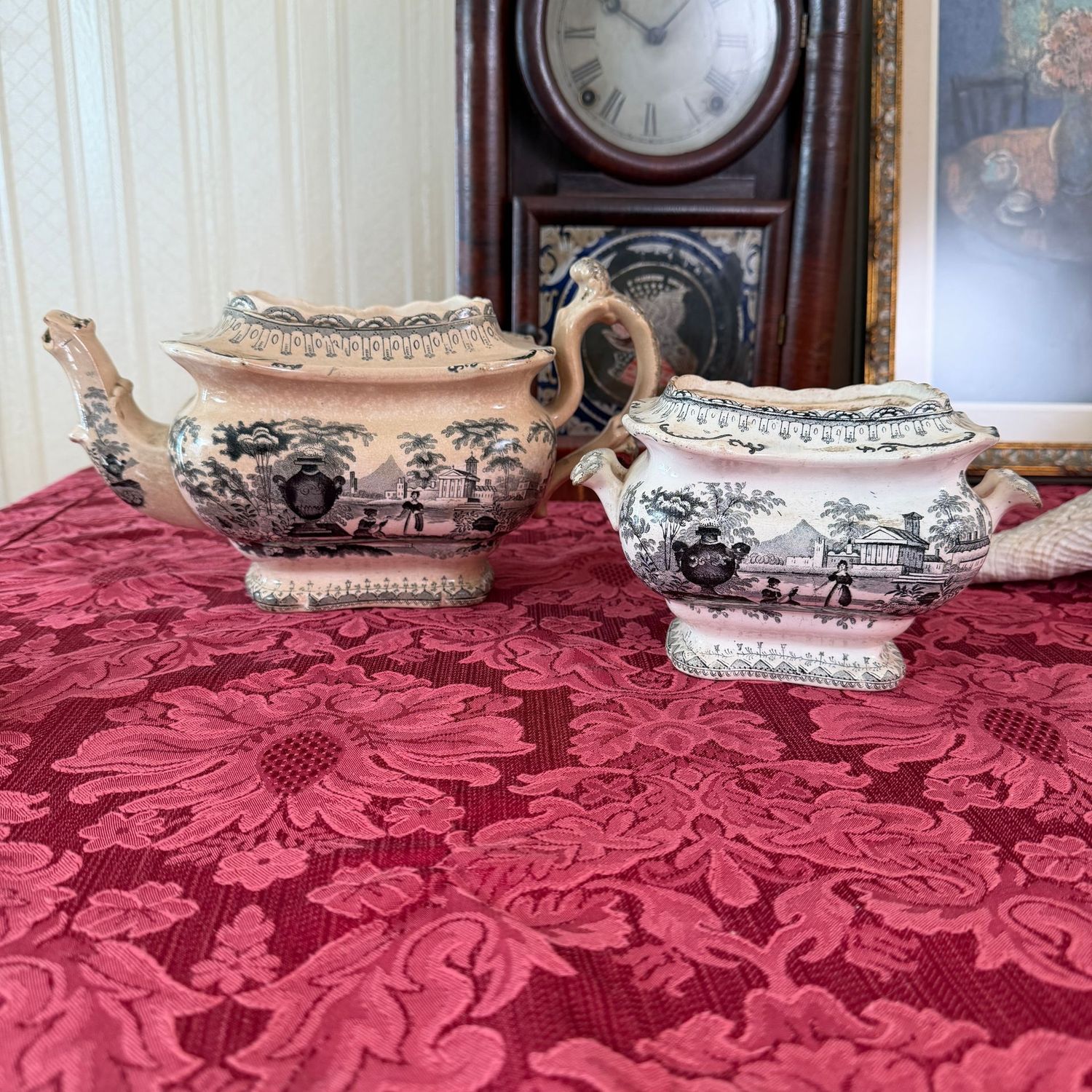 Thomas Mayer, black and white transferware sugar and teapot (5"H), ca. 1830, sugar has a hole in the side, the teapot has some minor chips, both without lids, damage commensurate with age
