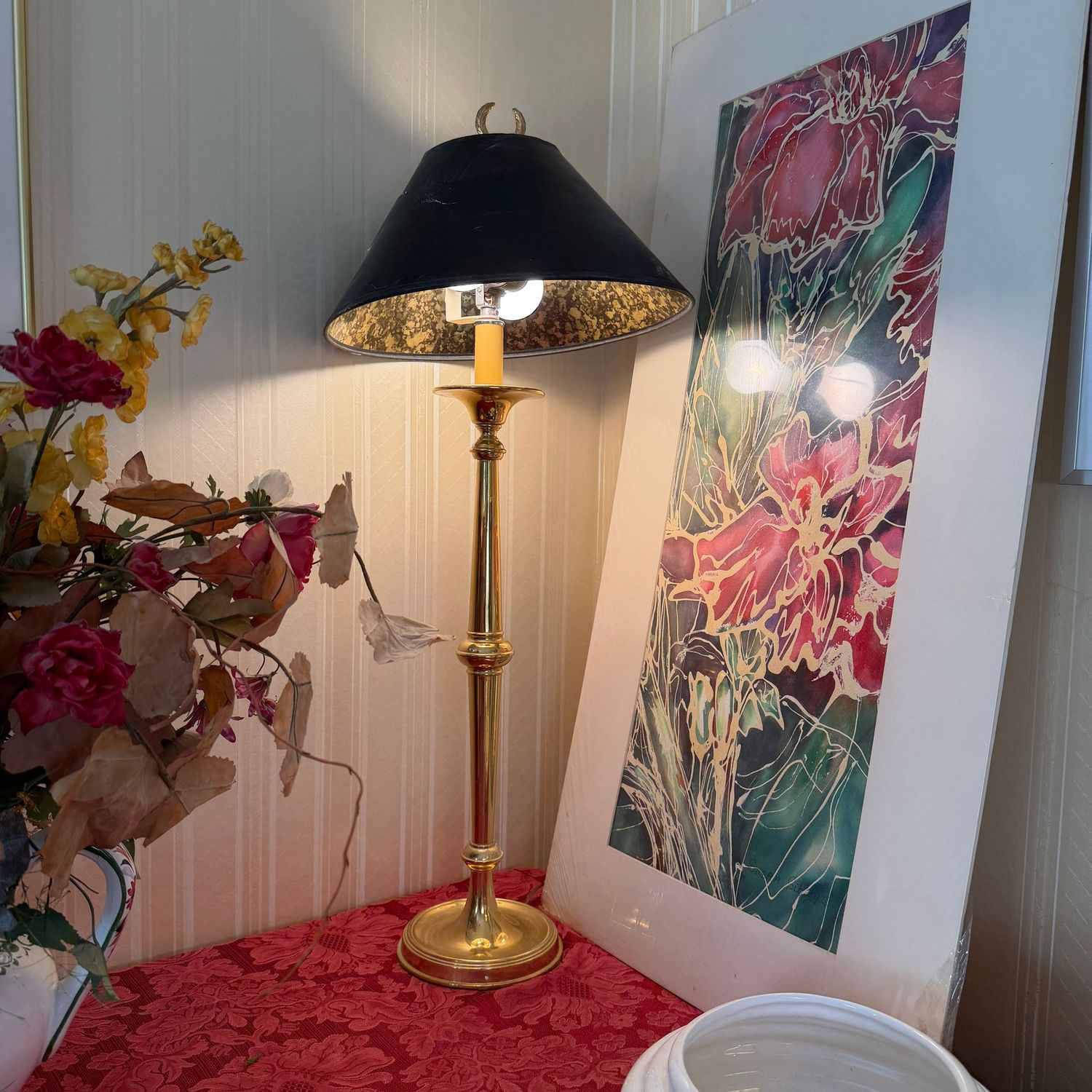 Tall brass candlestick table lamp, double-bulb, shade needs replacing, 28"H