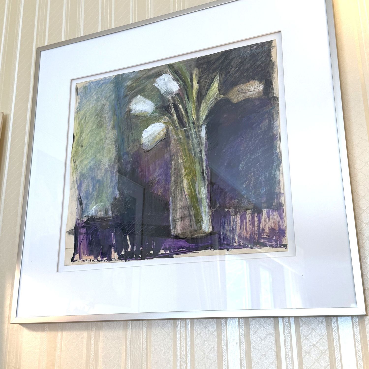 Original still-life painting on paper, silver frame, 23" x 25"