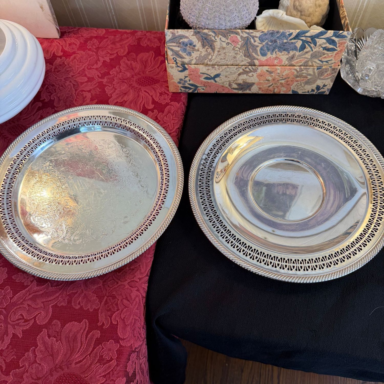 Two silver-plated platters with pierced borders, 12"
