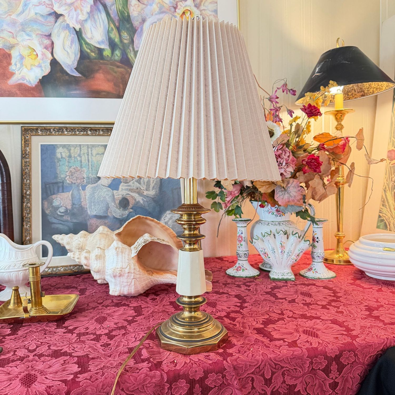 Brass lamp, smaller table or desk-size, pleated shade needs some cleaning, socket needs adjusted, 21 Brass lamp, smaller table or desk-size, pleated shade needs some cleaning, socket needs adjusted, 21"H