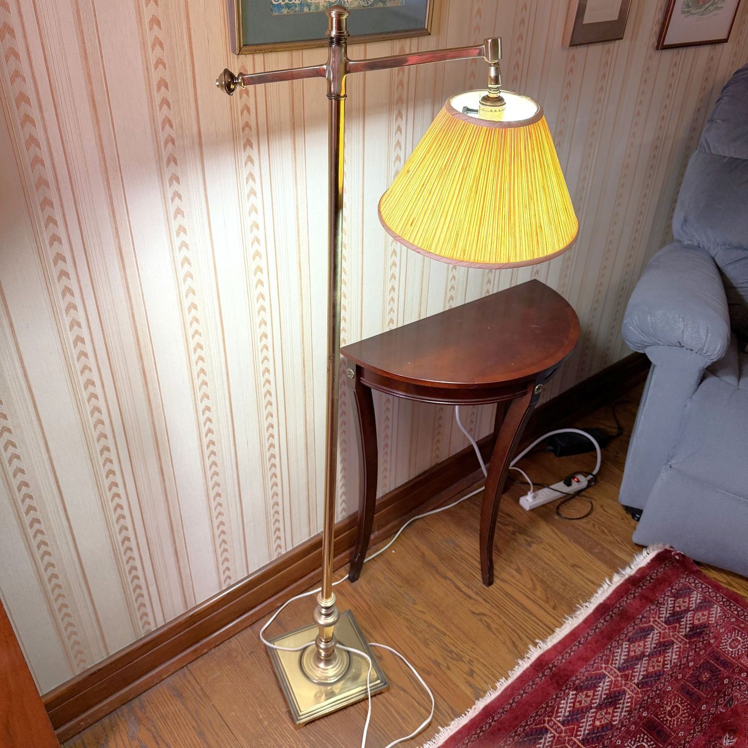 Brass floor lamp, minor marks, stationary arm, shade has a few spots, 4'6 Brass floor lamp, minor marks, stationary arm, shade has a few spots, 4'6"H x 18"W