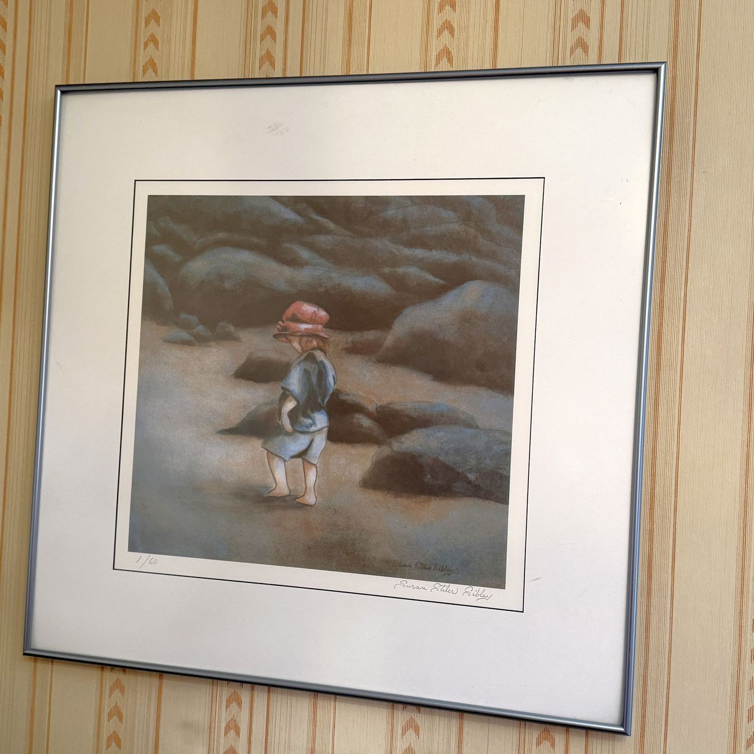 Girl walking on a rocky shore, 1/60 watercolor print by Susan Sibley of Charleston, dark silver frame, 26 Girl walking on a rocky shore, 1/60 watercolor print by Susan Sibley of Charleston, dark silver frame, 26" x 26"