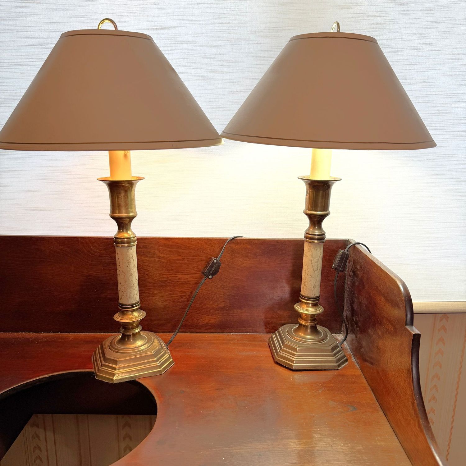 Pair of table lamps, double-socket, metal body with marbled and brass finish, 20"H x 12"W