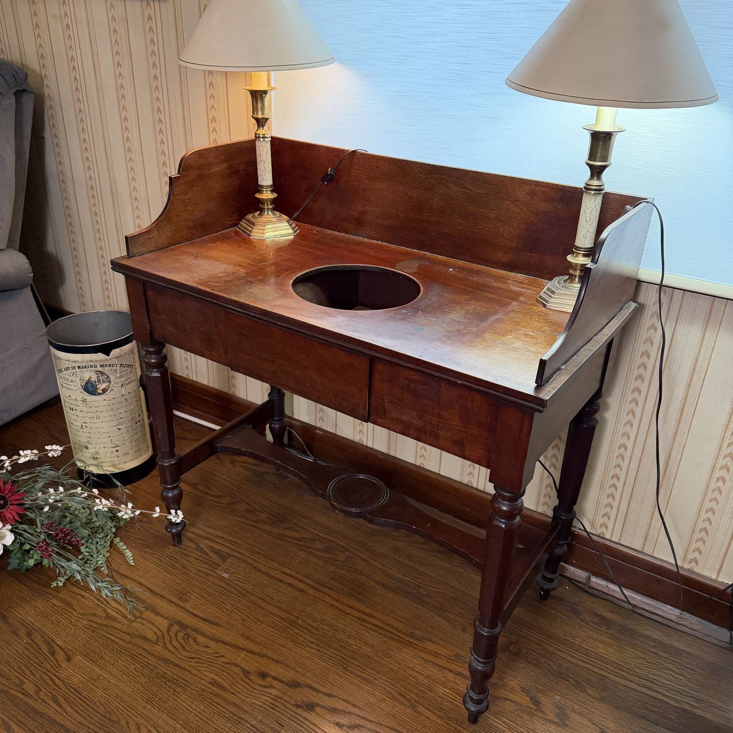 Antique washstand with opening for bowl, and pitcher rest on leg stretcher, some fading and spots on top, storage drawers, 38"H x 19"D x 36"L