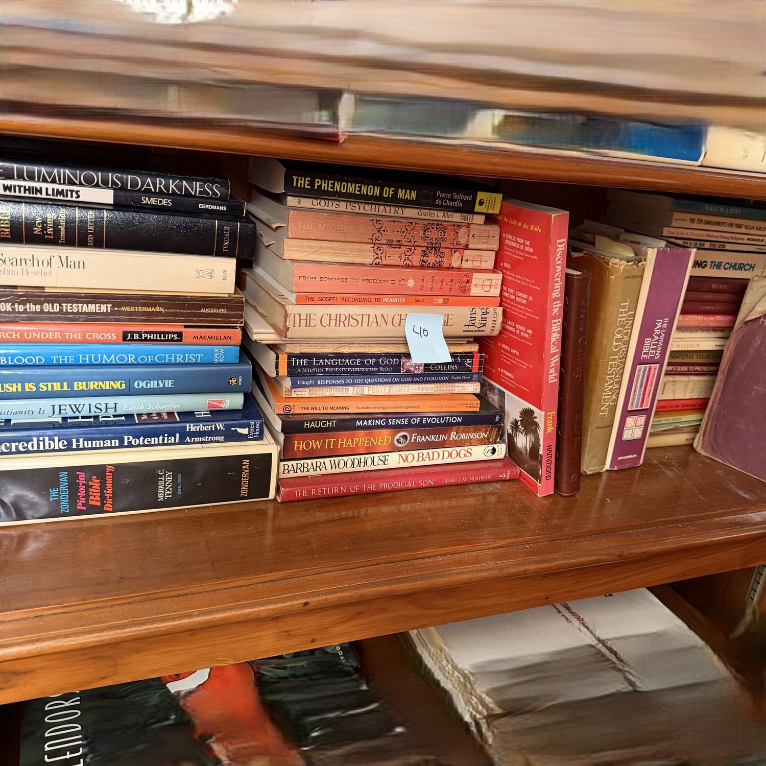 Book lot #40, shelf of spiritual books, including Luminous Darkness,  God's Psychiatry, Parallel Bible