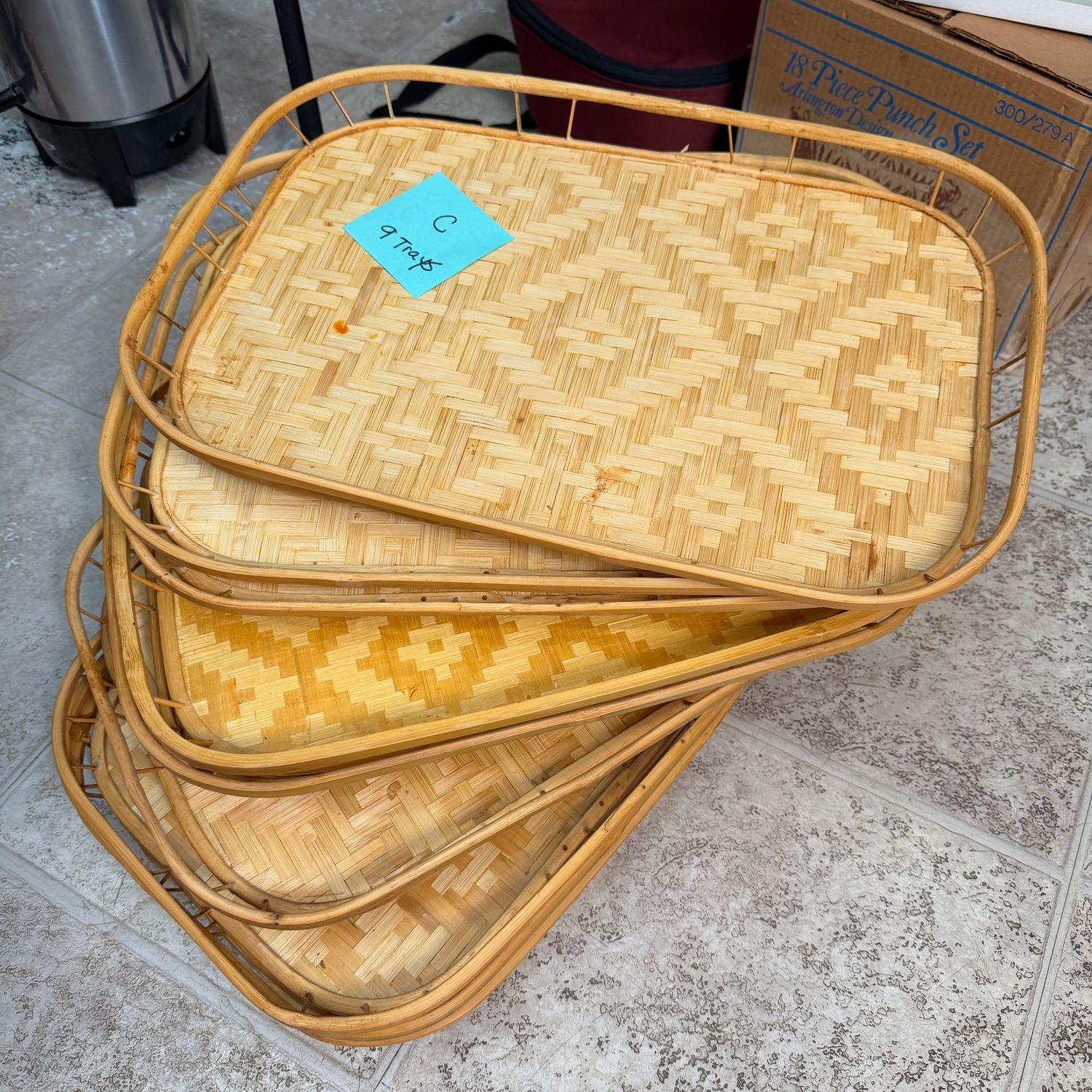 Group of woven bamboo trays, minor wear or spots, 19" x 13", (C) 9 trays
