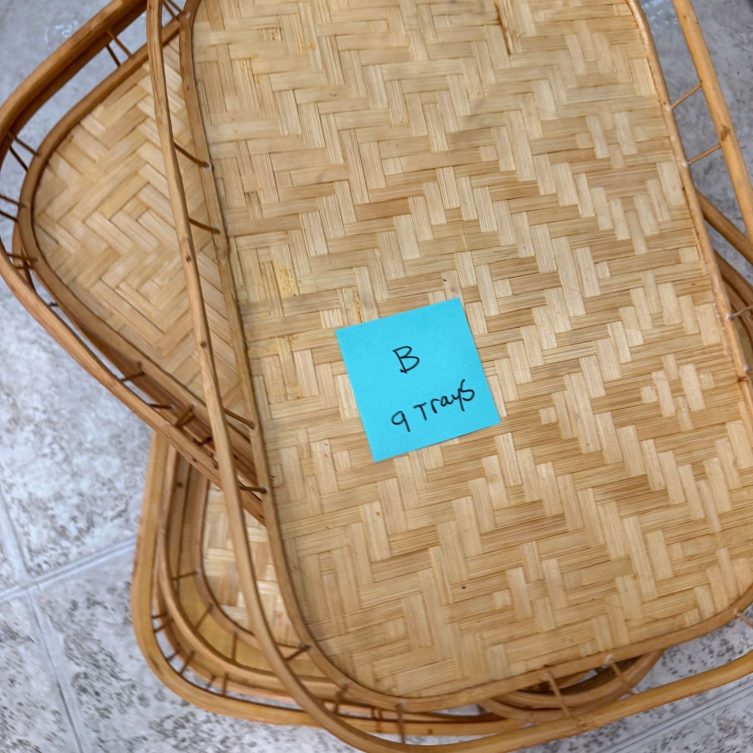 Group of woven bamboo trays, minor wear or spots, 19" x 13", (B) 9 trays