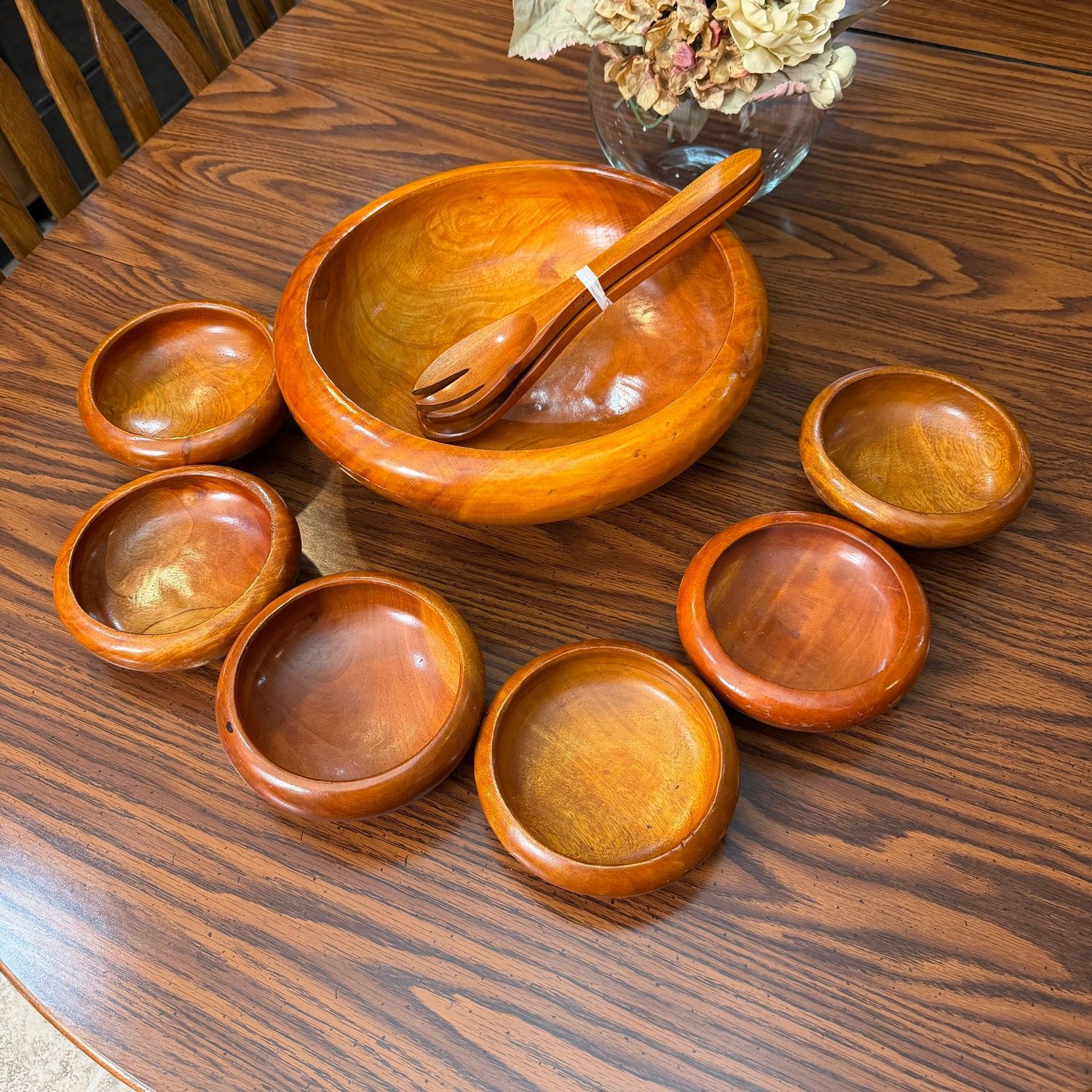 Wooden salad bowl set, serving bowl is 13"W