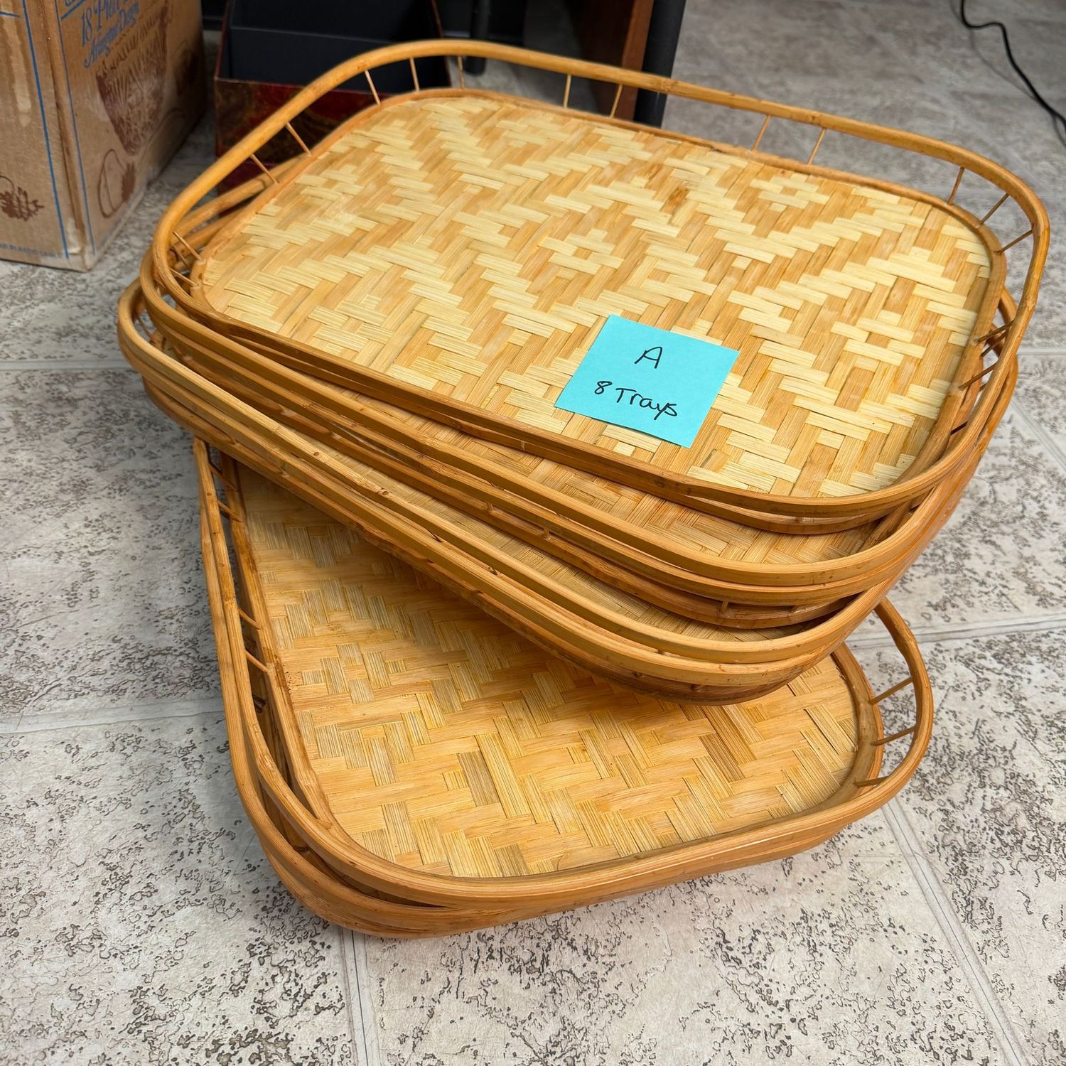 Group of woven bamboo trays, minor wear or spots, 19" x 13", (A) 8 trays