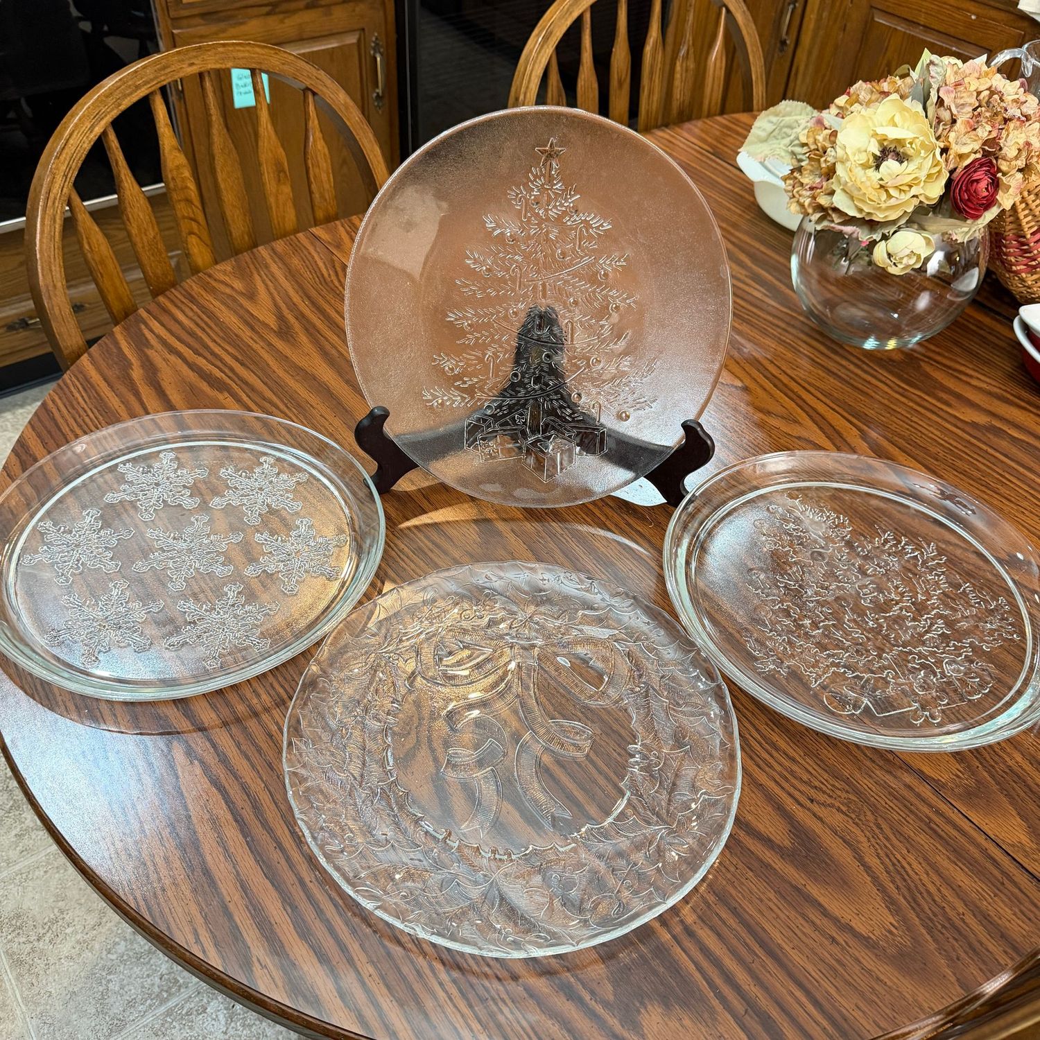 Four large glass Christmas serving trays, platters, 13"
