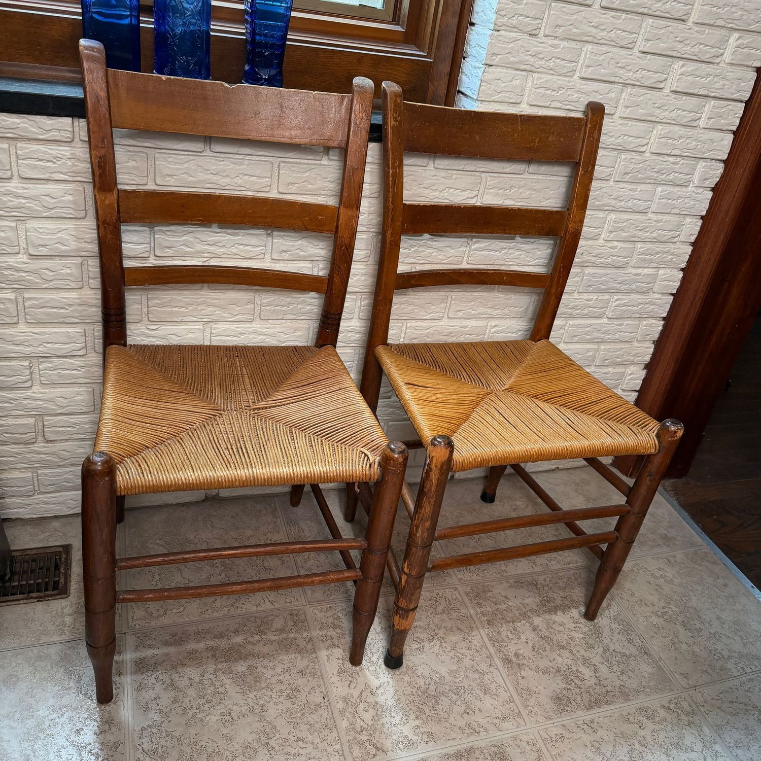 Antique rush-seat chairs, some wear and scratches commensurate with age, 33"H x 15"W