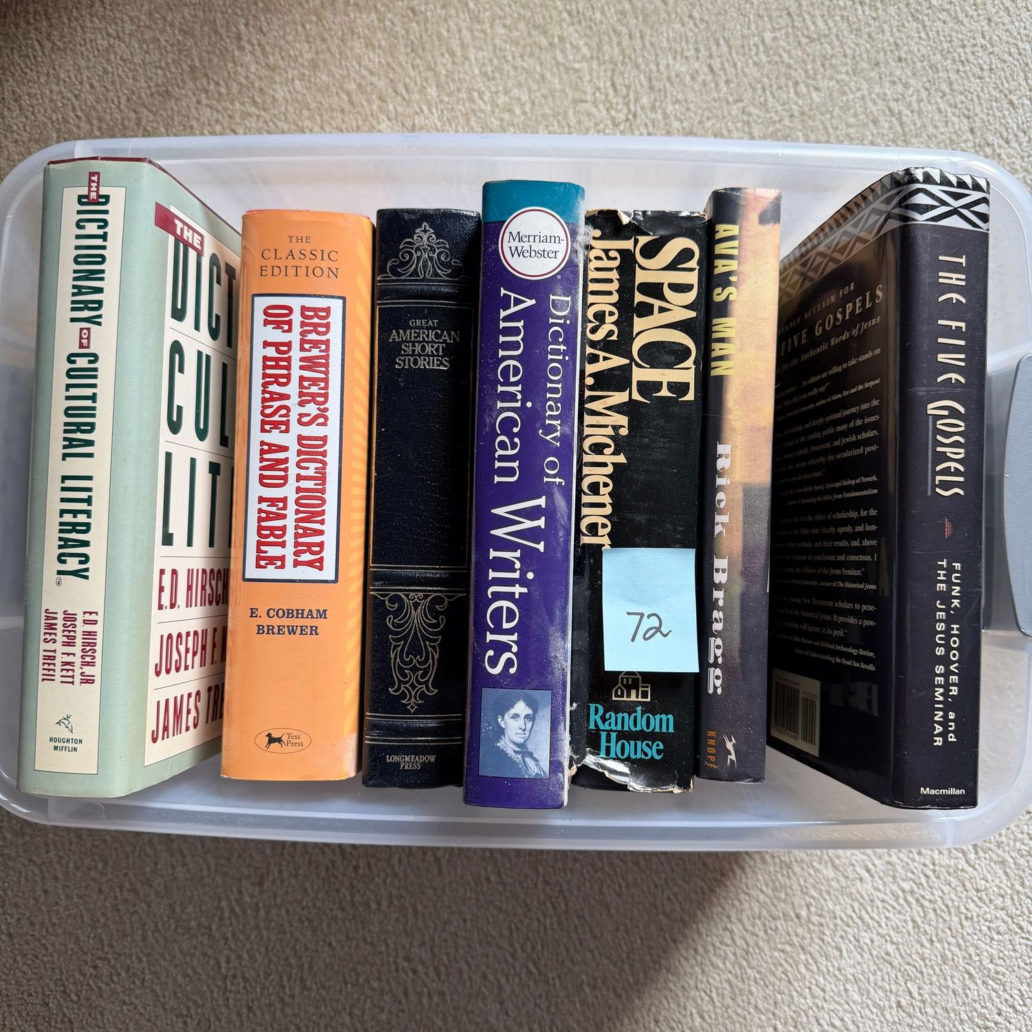 Book lot #72, including Dictionary of Cultural Literacy, The Five Gospels, Space