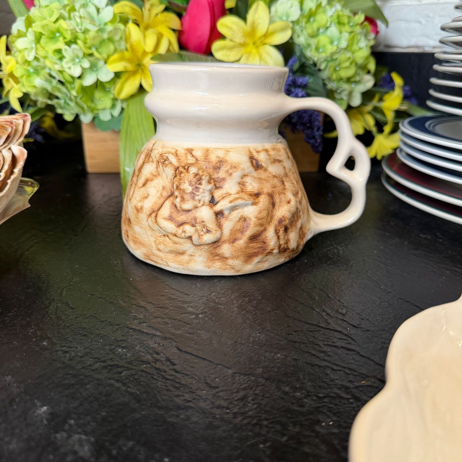 Large angel stoneware, ceramic mug, 6"W