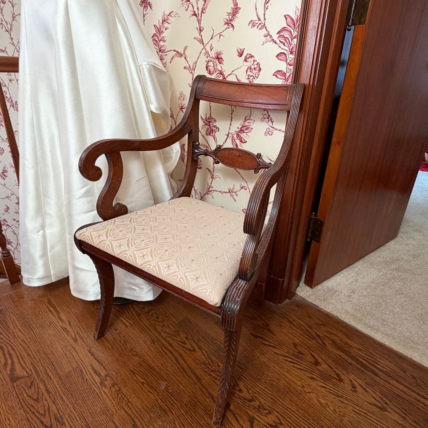 English elbow chair, acanthus-style carved legs, a few scratches, seat base needs secured, 40"H x 22"W (This item is upstairs)