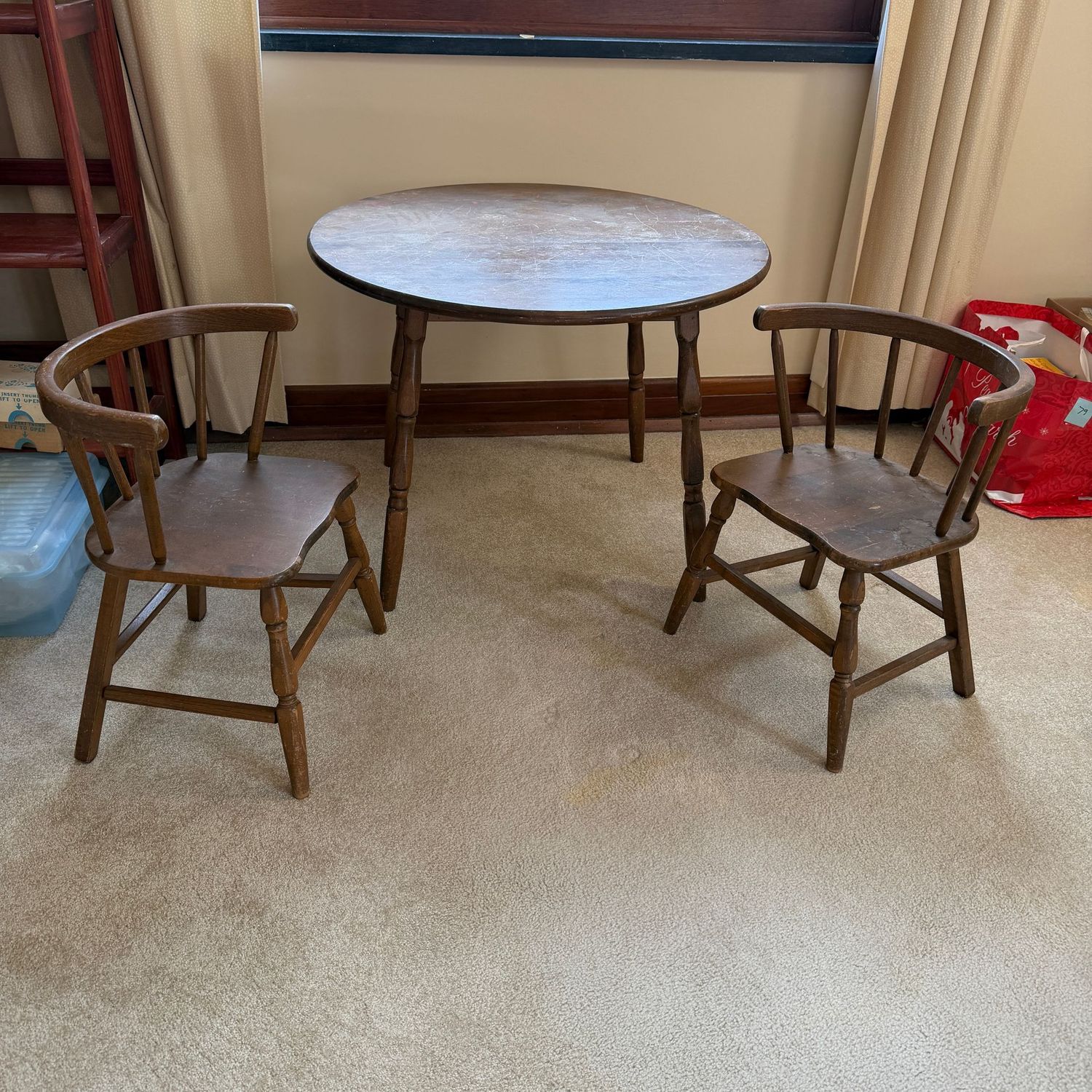 Vintage kids' table with bentwood chairs, some wear from play is seen, table is 26"W (This item is upstairs)