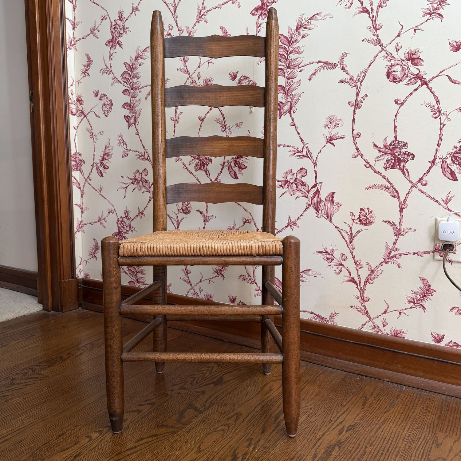 Four-slat ladder-back chair with rush seat, lovely condition, 42"H x 18"W