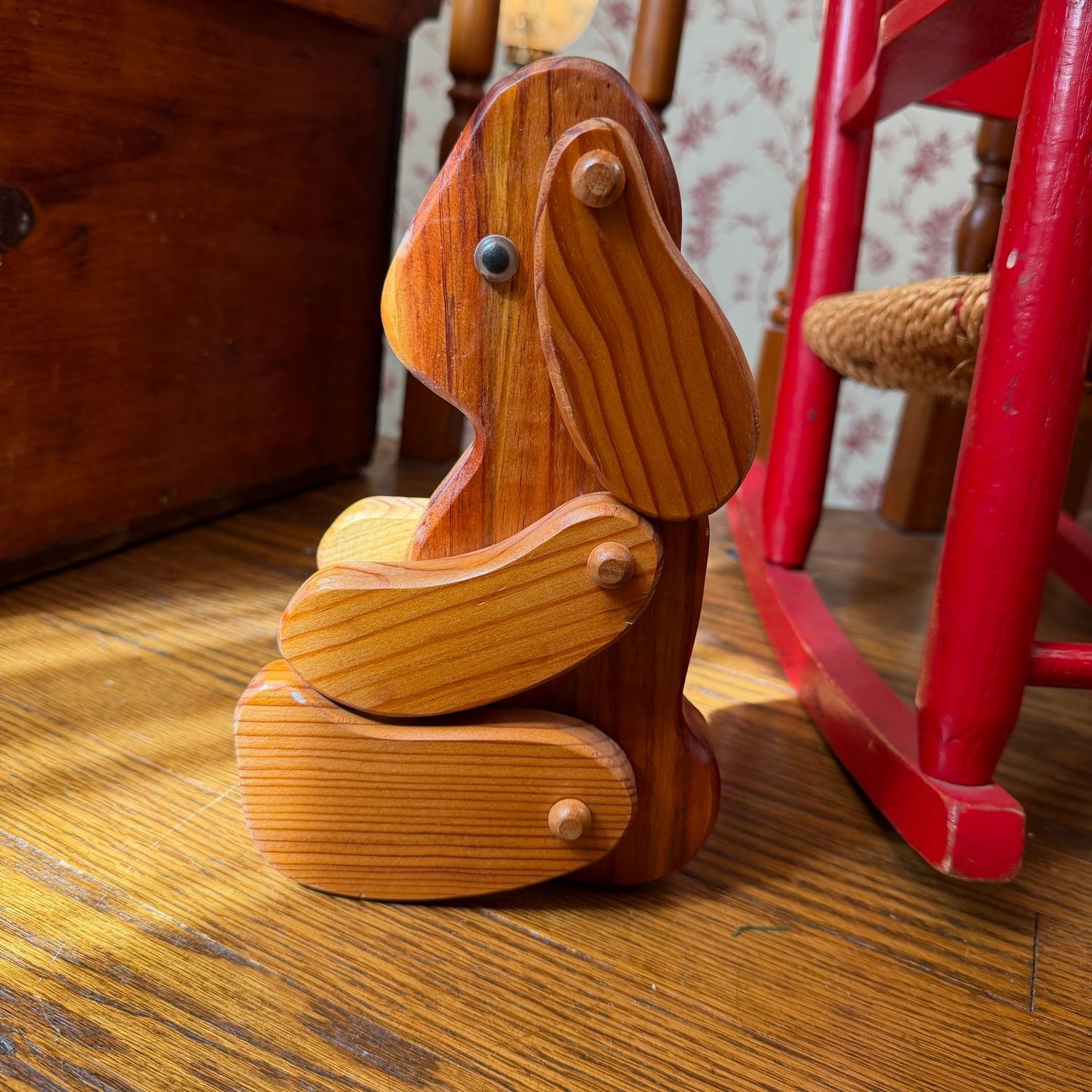 Hand-crafted wooden bunny rabbit, hinged legs and ears, 9"H