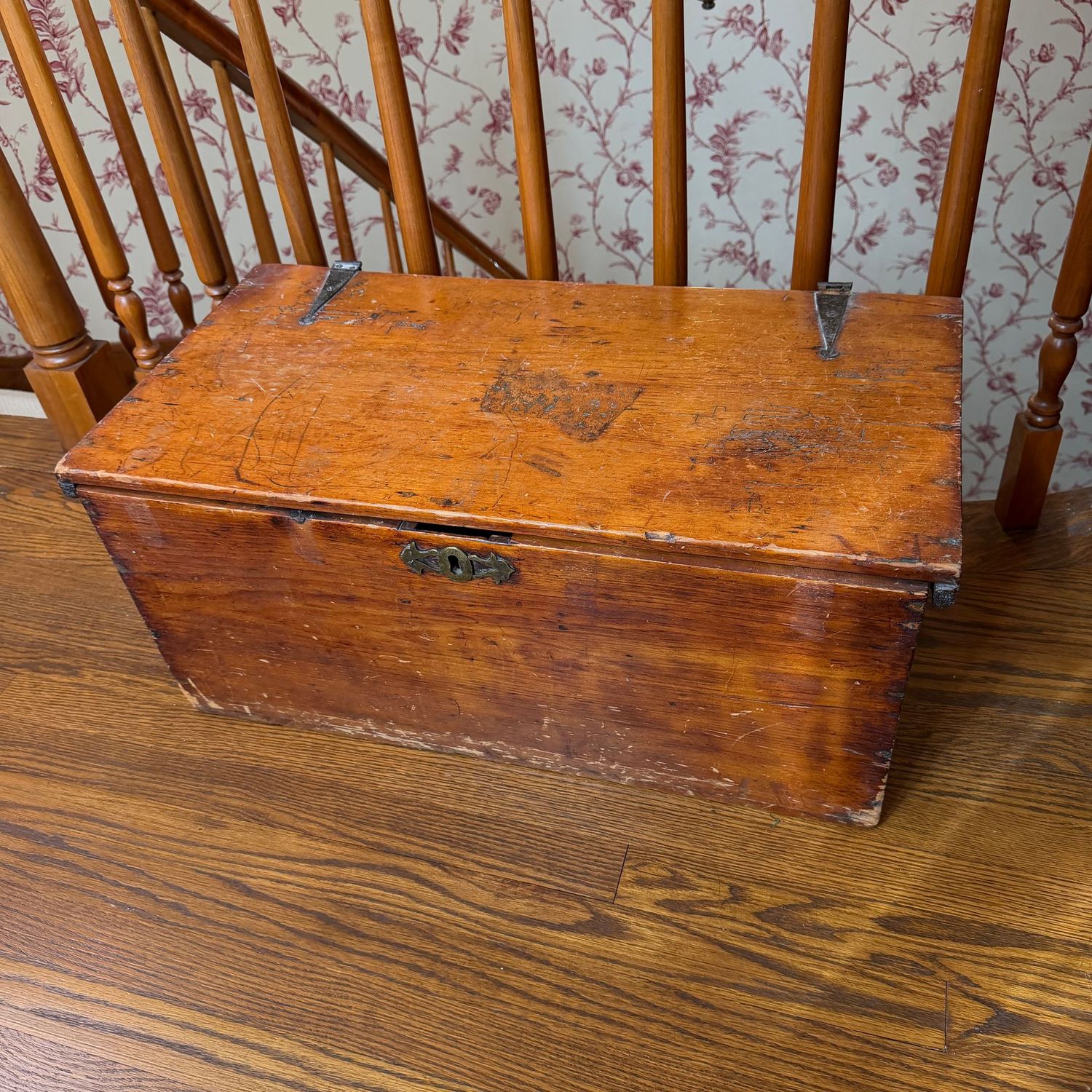 Antique blanket chest, original finish and hardware, hinges need to be reinstalled, 13 Antique blanket chest, original finish and hardware, hinges need to be reinstalled, 13"H x 27"L x 14"D (This item is heavy and upstairs)