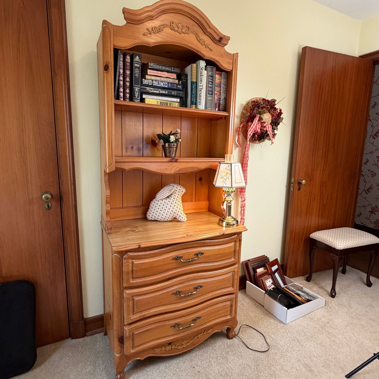 Henry Link Chardonnay French Country Pine 3-drawer chest with hutch (2 pieces), minor wear, 6'3"H x 17"D x 30"W (This item is heavy and upstairs)